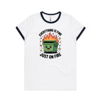Skip Bin, Dumpster Fire Women's AS Colour Ringer Tee White Navy Womens Ringer T-shirt Printed In Australia