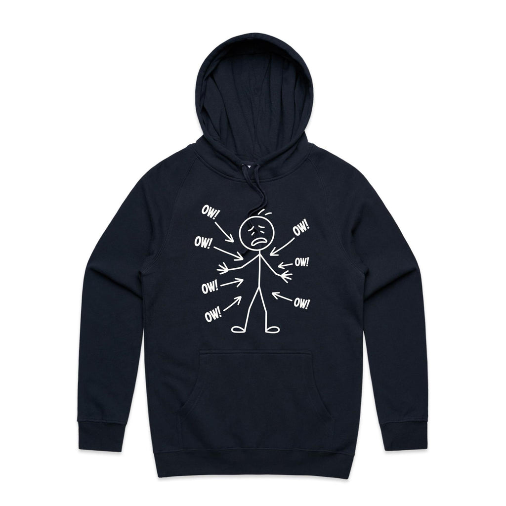 Ow! Everything Hurts Stick Figure Men's AS Colour Hoodie Navy Mens Hoodie Printed In Australia