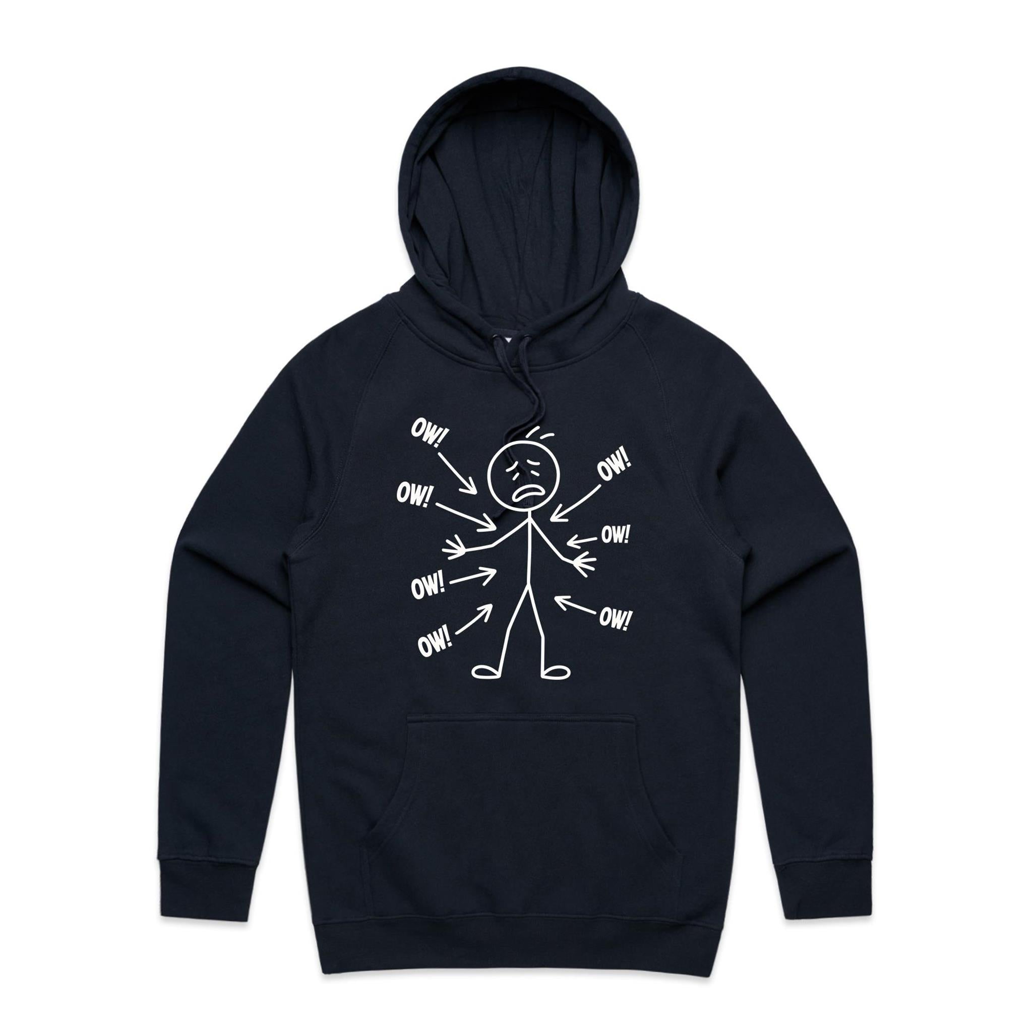 Ow! Everything Hurts Stick Figure Men's AS Colour Hoodie Navy Mens Hoodie Printed In Australia