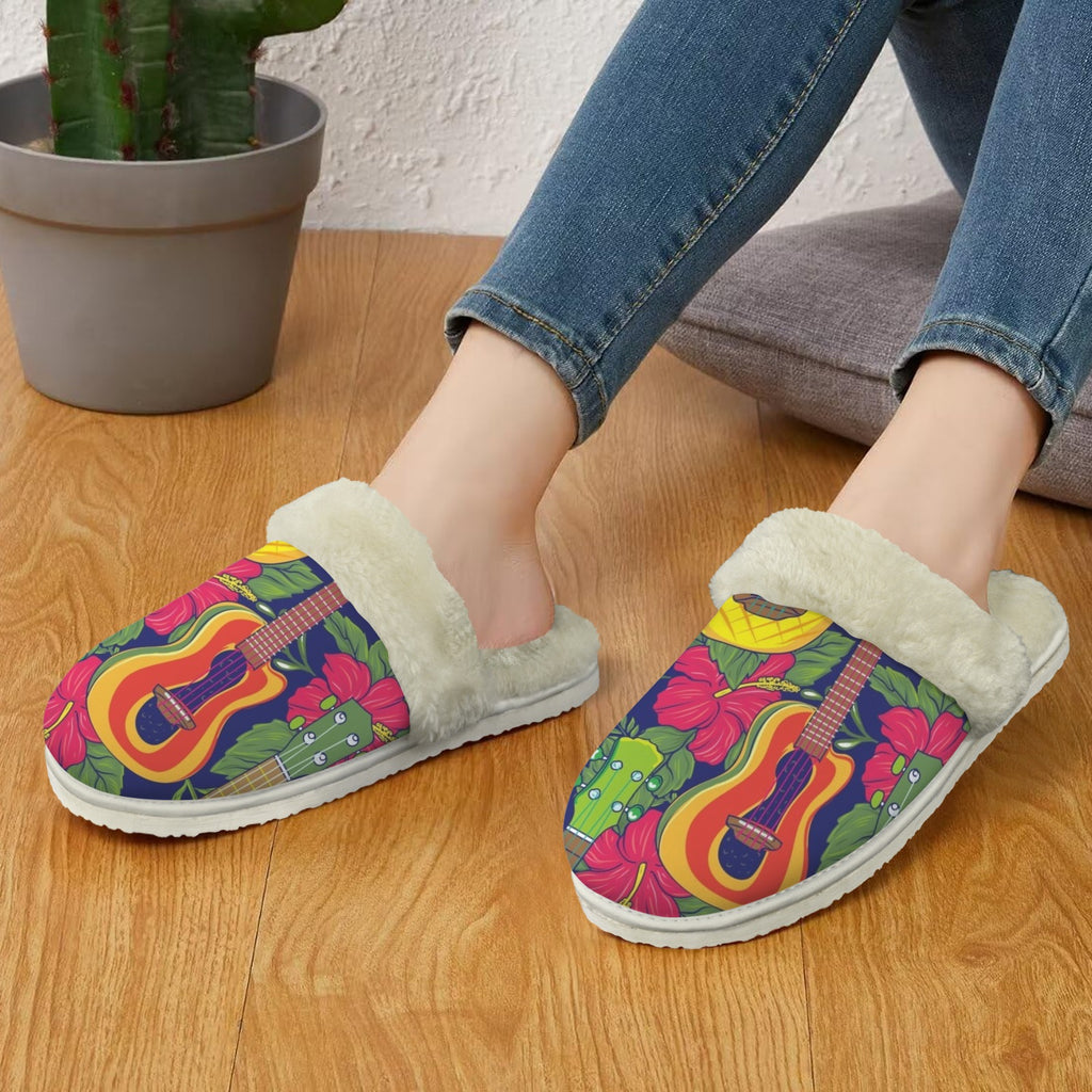 Colourful Ukulele Women's Fur Trim Thick-Sole Indoor Slippers Women's Fur Trimmed Slippers Music Printed Offshore