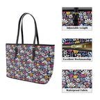 Graphic Flowers On Black PU Leather Tote Bag Large Leather Tote Bag-Large Plants Printed Offshore