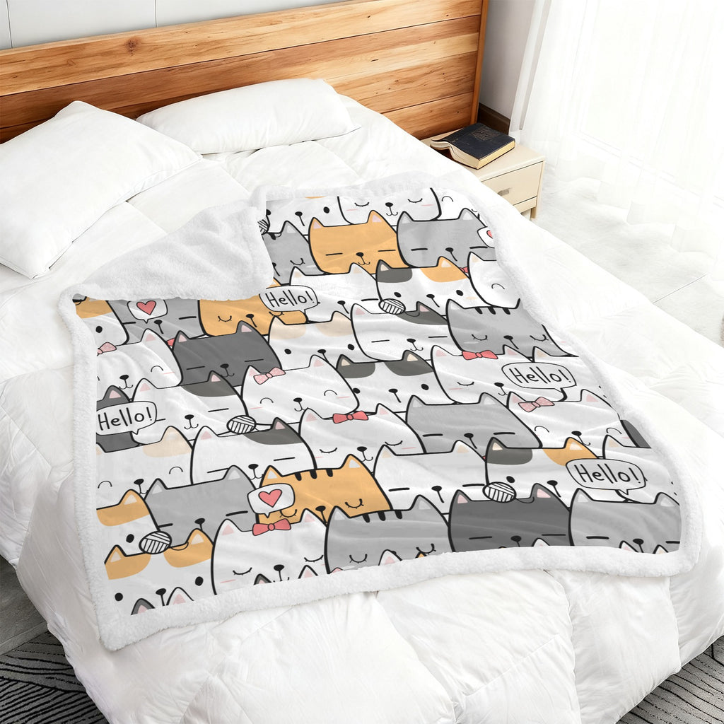 Cat Hello - Double-Layer Fleece Blanket 51"x59"
