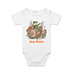 Stay Weird, Guitar Playing Frog On A Snail AS Colour Baby Bodysuit White Baby Bodysuit animal Music Printed In Australia