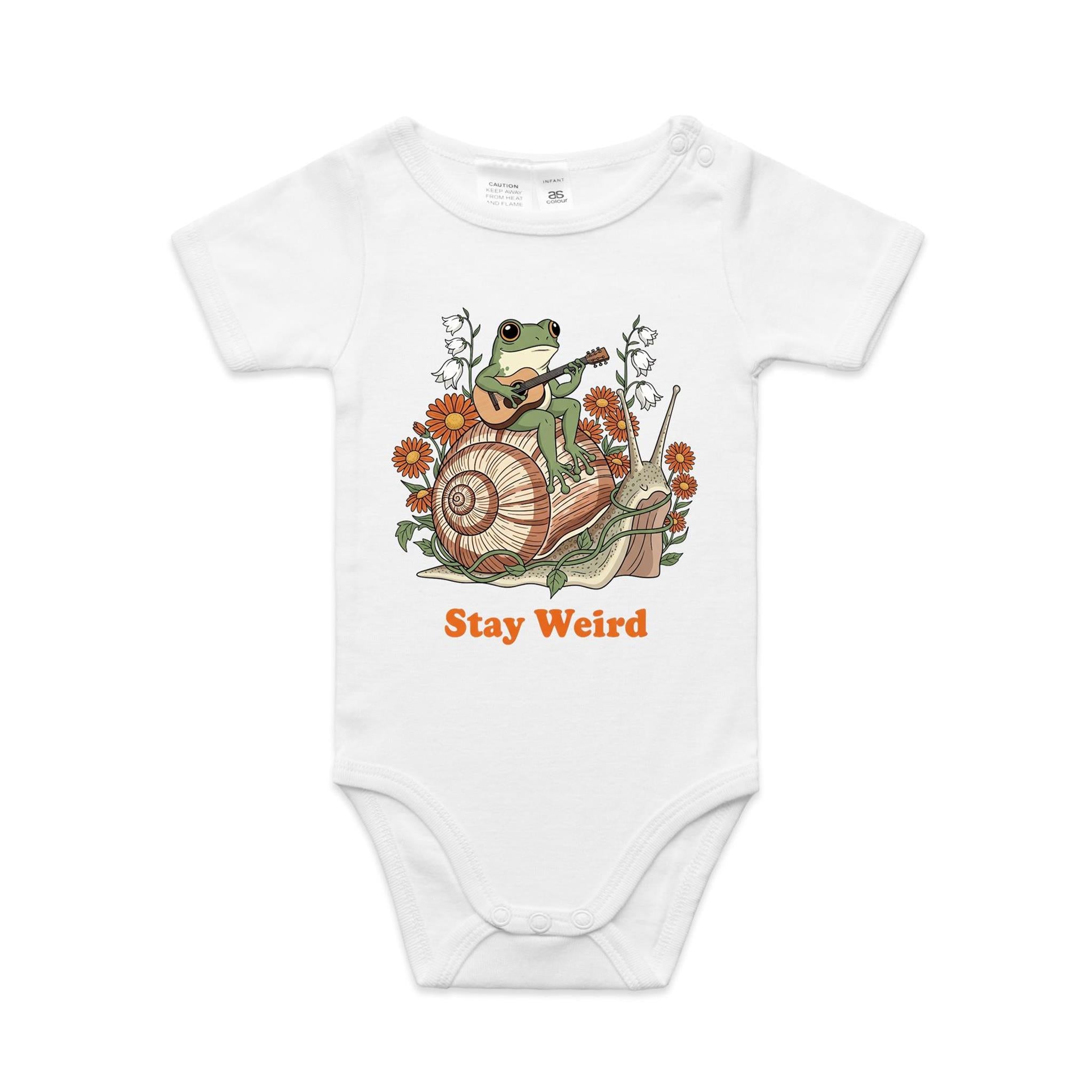 Stay Weird, Guitar Playing Frog On A Snail AS Colour Baby Bodysuit White Baby Bodysuit animal Music Printed In Australia