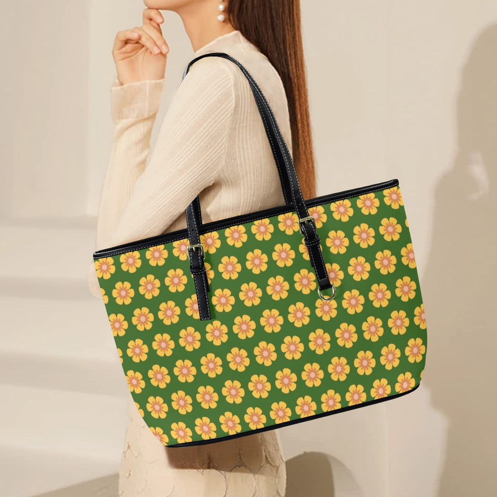 Yellow Flowers On Green PU Leather Tote Bag Large