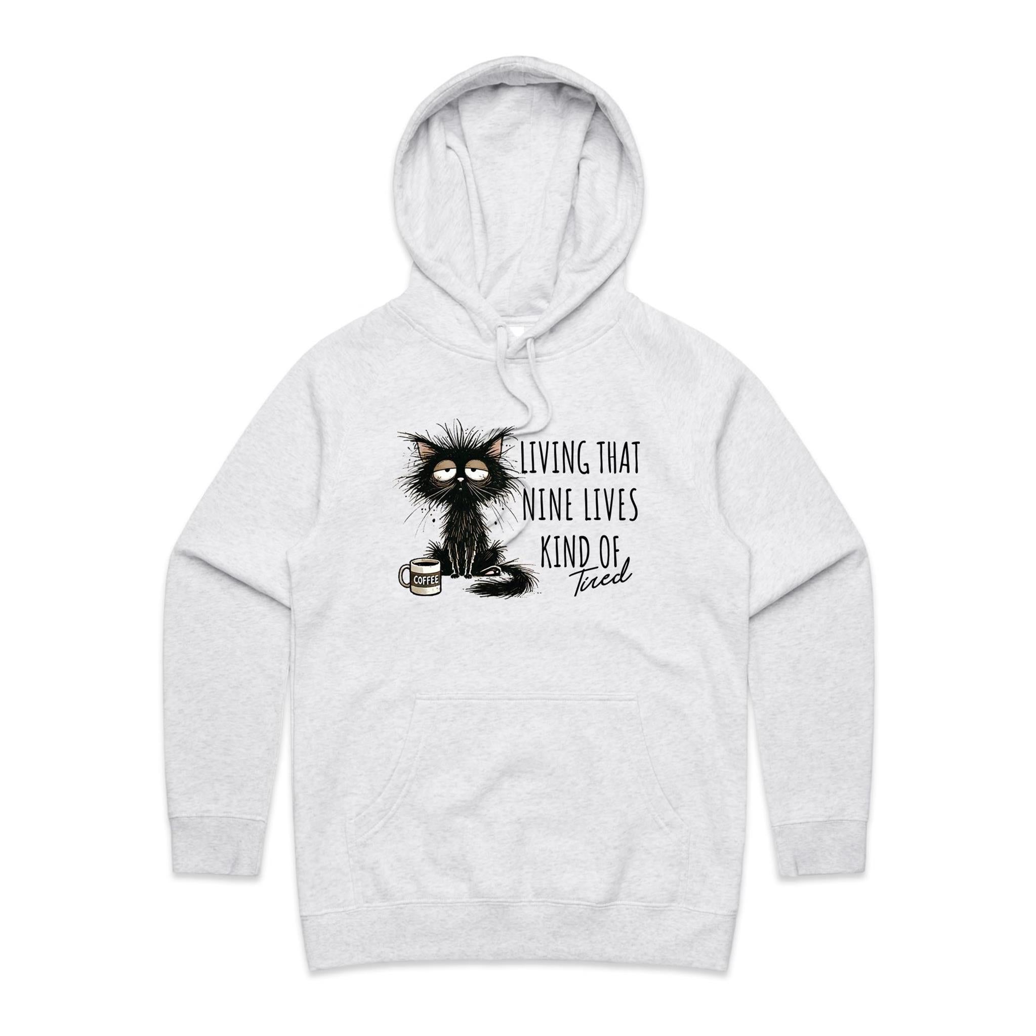 Living That Nine Lives Kind Of Tired, Frazzled Cat - Womens Hoodie White Marle Womens Hoodie animal Coffee Printed In Australia