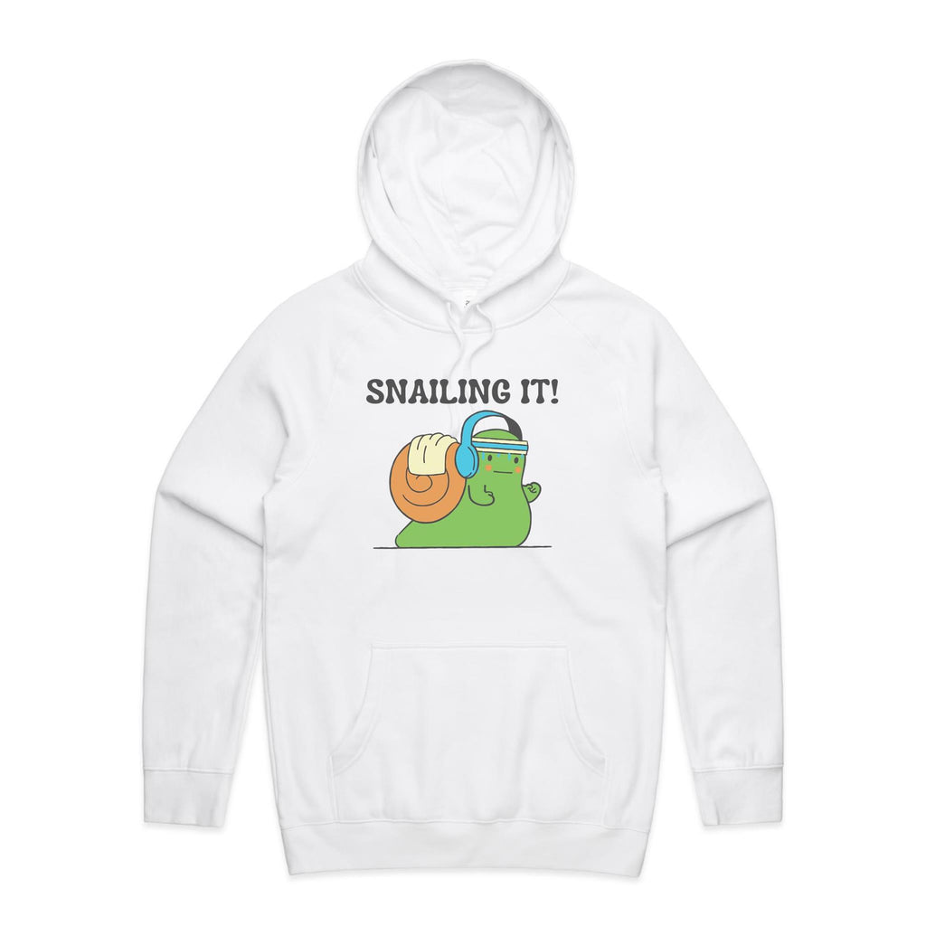 Snailing It - Mens Hoodie White Mens Hoodie animal Fitness Positivity Printed In Australia