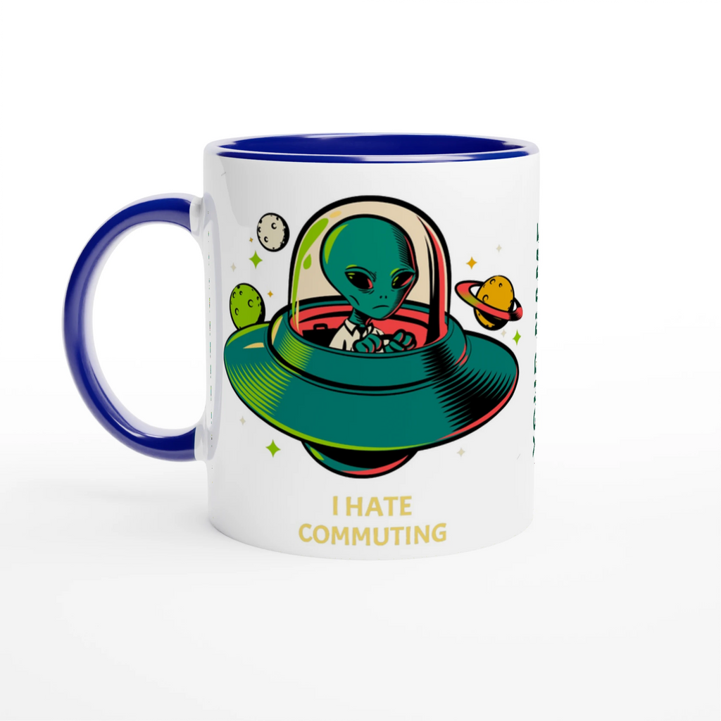 Personalise - Alien Commute, UFO - White 11oz Ceramic Mug Ceramic Blue Personalised Mug customise Globally Fulfilled personalise Sci Fi