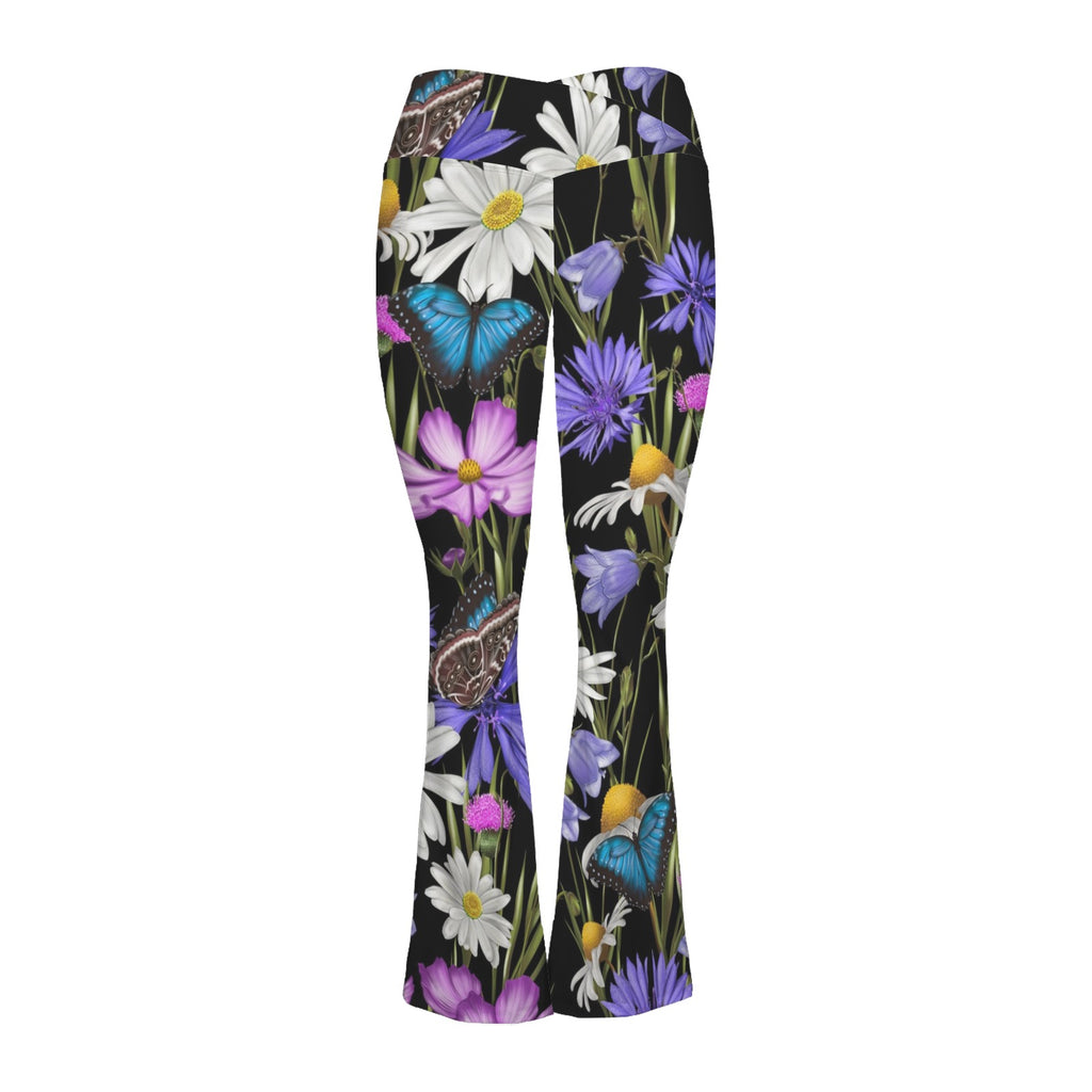 Butterfly Flowers High Waist Crossover Tummy Control Flare Leggings High Waist Flare Leggings Plants Printed Offshore