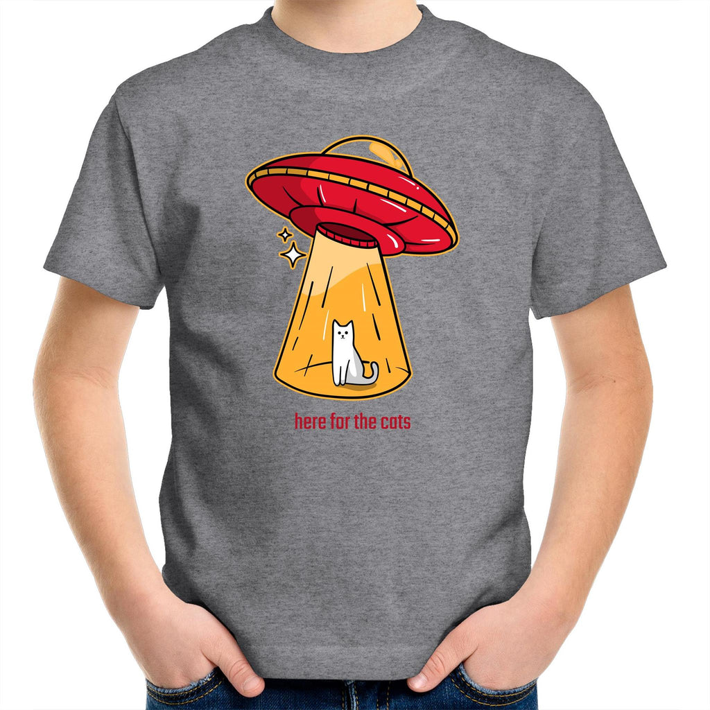 UFO, Here For The Cats - Kids Youth T-Shirt Grey Marle Kids Youth T-shirt animal Printed In Australia Sci Fi