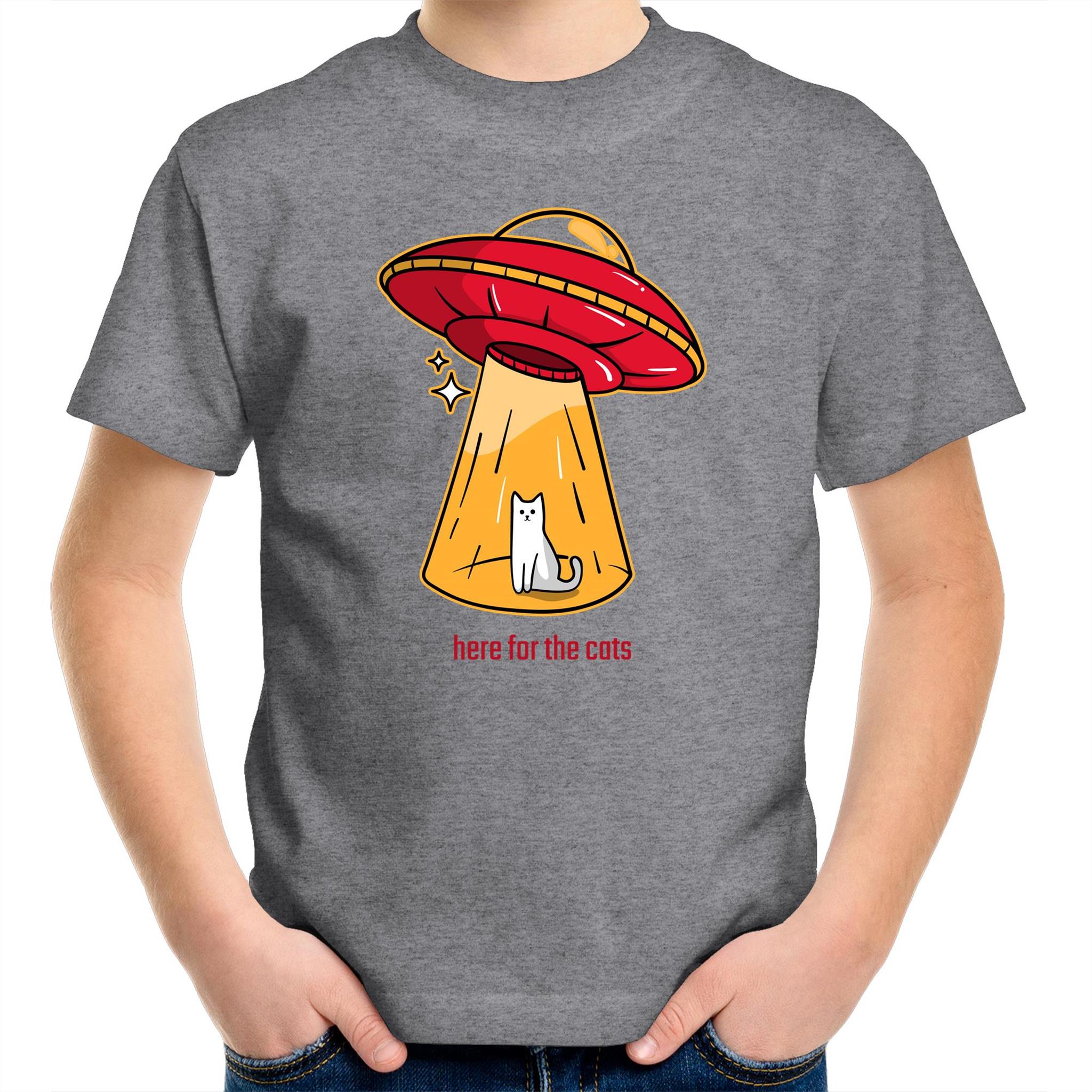 UFO, Here For The Cats - Kids Youth T-Shirt Grey Marle Kids Youth T-shirt animal Printed In Australia Sci Fi