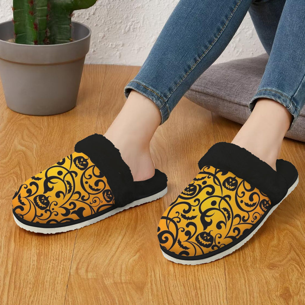 Halloween Women's Fur Trim Thick-Sole Indoor Slippers Women's Fur Trimmed Slippers Halloween Printed Offshore
