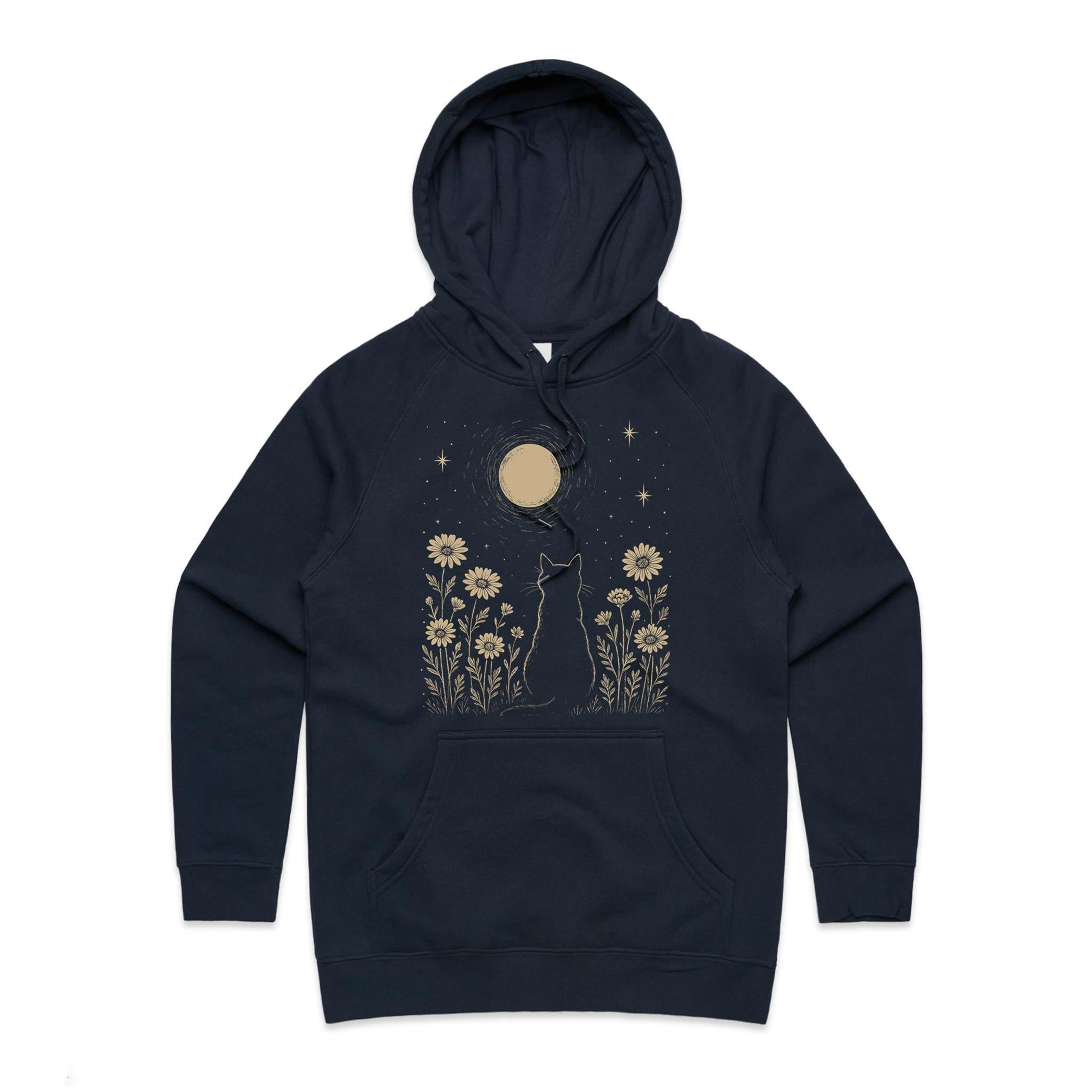 Whimsical Cat And Moon Women's AS Colour Hoodie Navy Womens Hoodie animal Printed In Australia