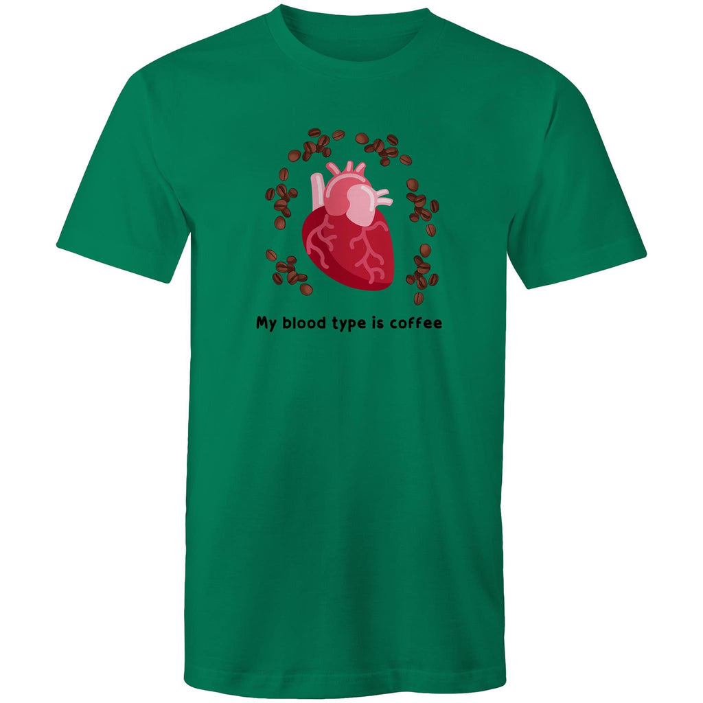 My Blood Type Is Coffee - Mens T-Shirt Kelly Green Mens T-shirt Coffee Printed In Australia