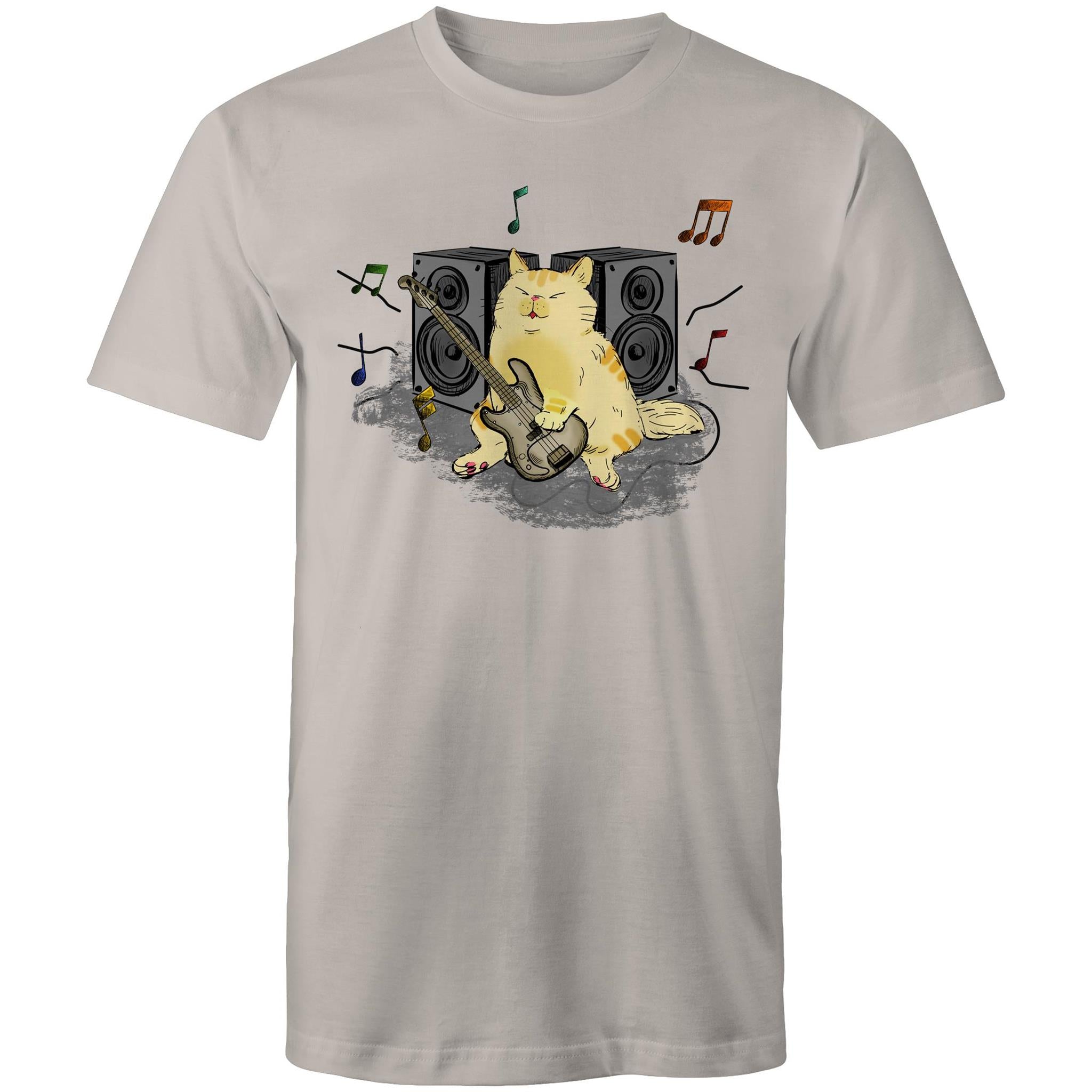 Cat Bass Player - Mens T-Shirt Light Grey Mens T-shirt animal Music Printed In Australia