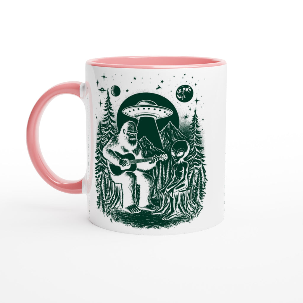 Alien And Bigfoot Play Guitar - White 11oz Ceramic Mug with Color Inside Ceramic Pink Colour 11oz Mug Globally Fulfilled Music Sci Fi