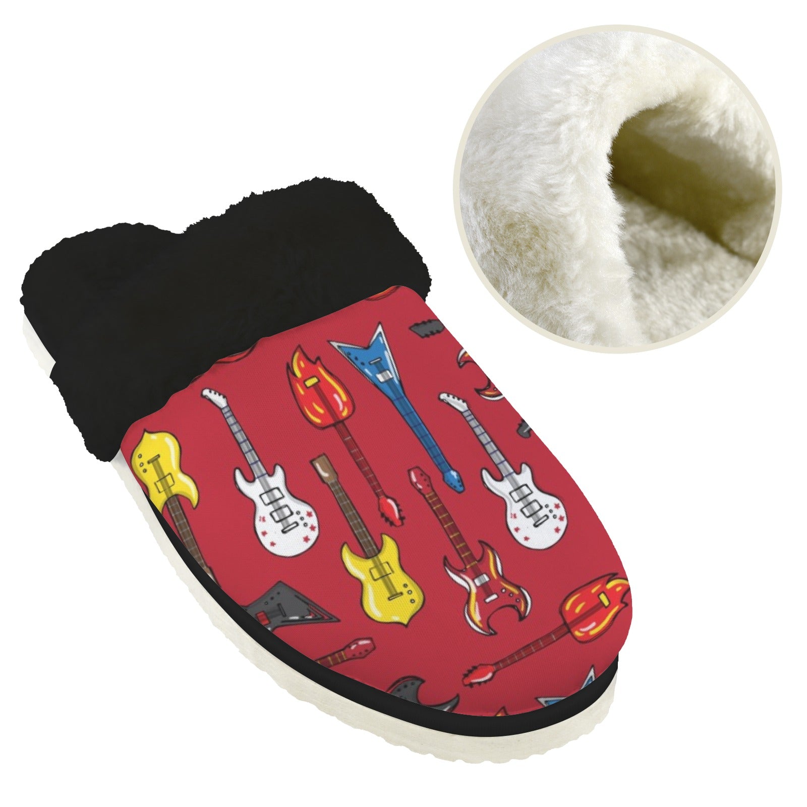 Guitars On Red Men's Fur Trim Thick-Sole Indoor Slippers Men's Fur Trimmed Slippers Music Printed Offshore