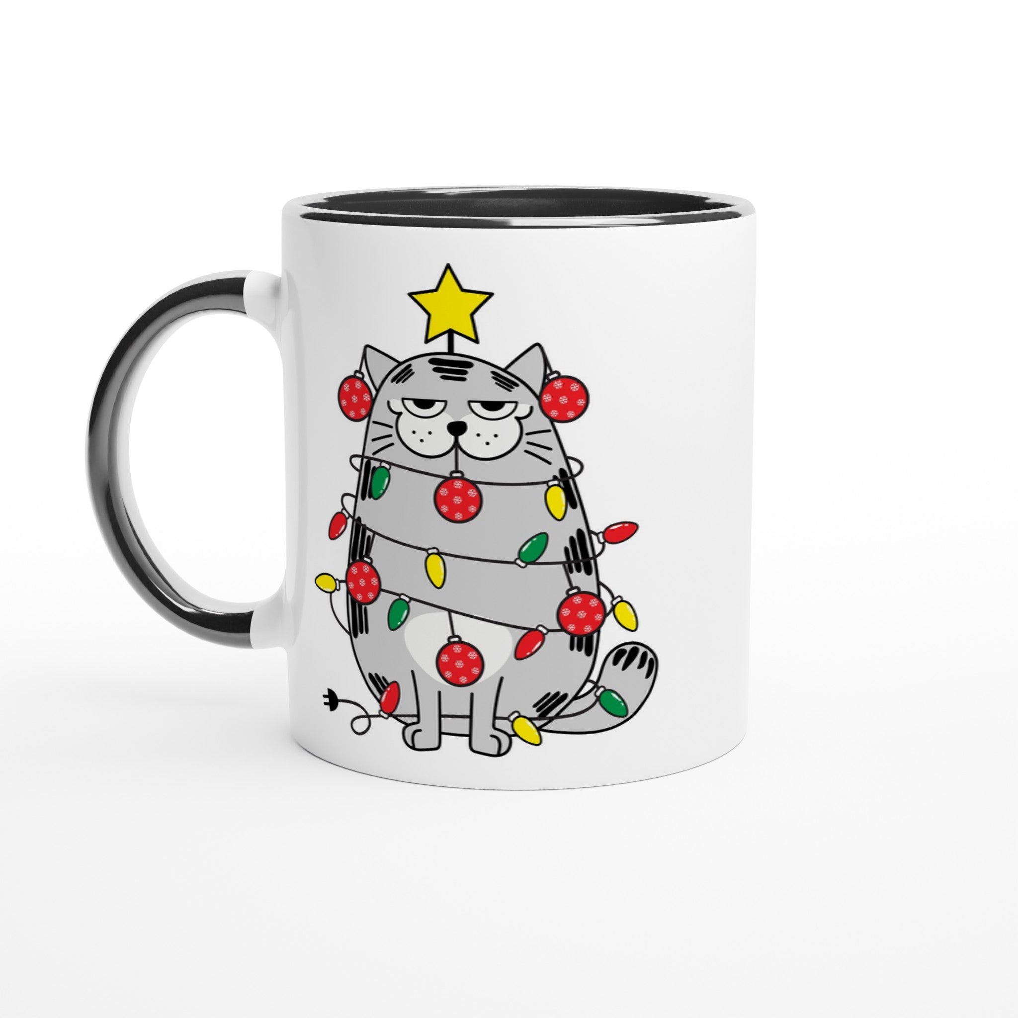 Christmas Cat - White 11oz Ceramic Mug with Colour Inside Ceramic Black Christmas Colour Mug Christmas Globally Fulfilled