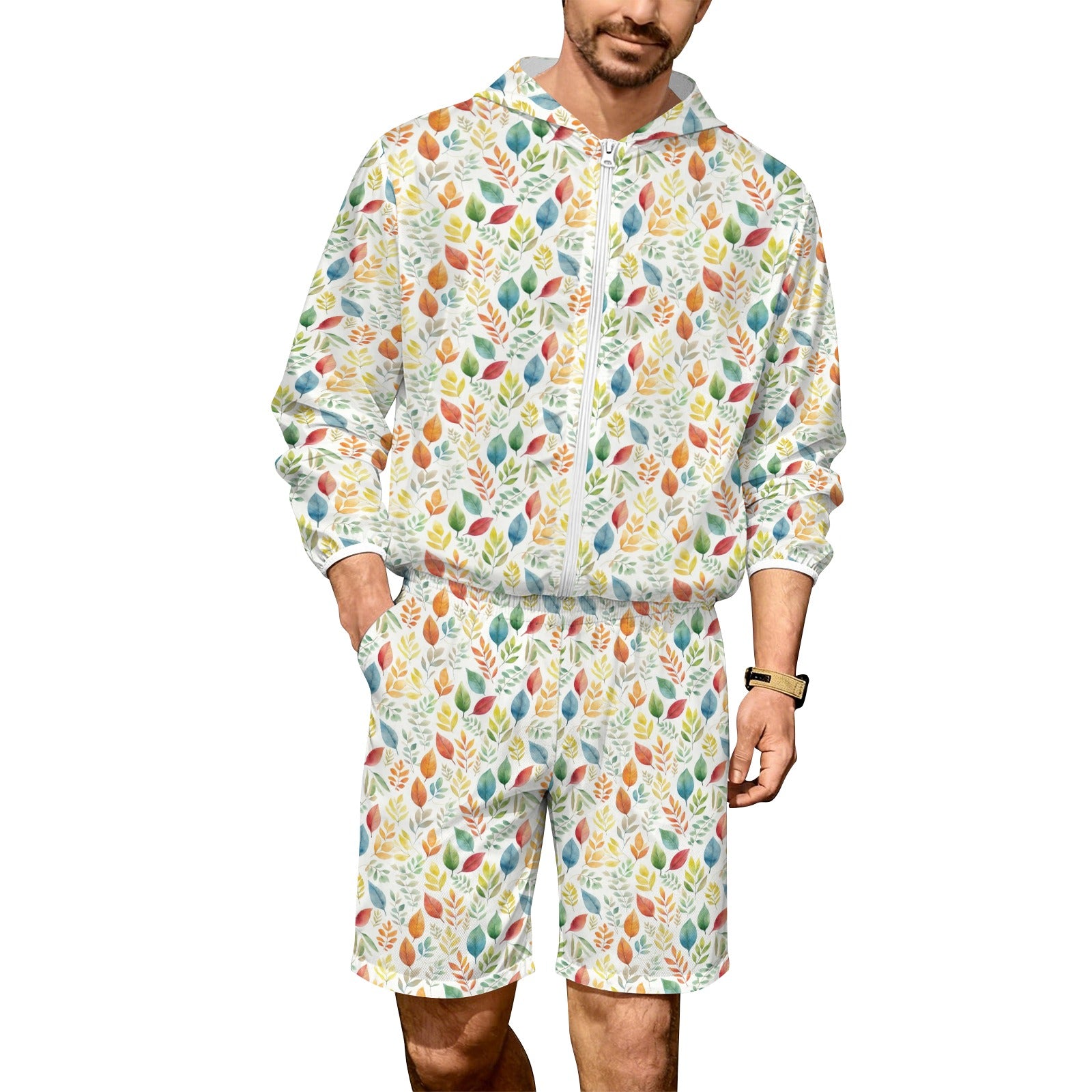 Autumn Leaves Men's Lightweight Sun Hoodie & Shorts Set 4XL Men's Lightweight Sun Hoodie & Shorts Plants Printed Offshore