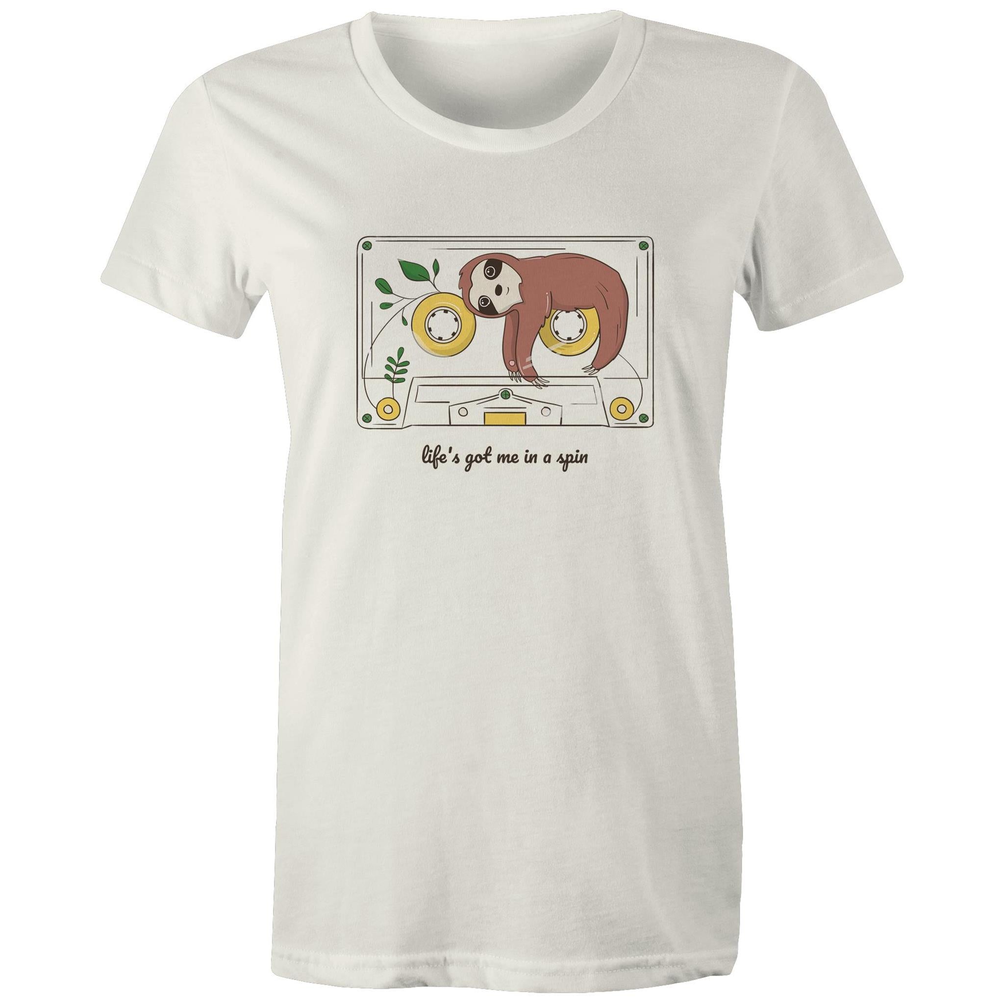 Life's Got Me In A Spin, Sloth, Cassette Tape - Womens T-shirt Natural Womens T-shirt Music Printed In Australia