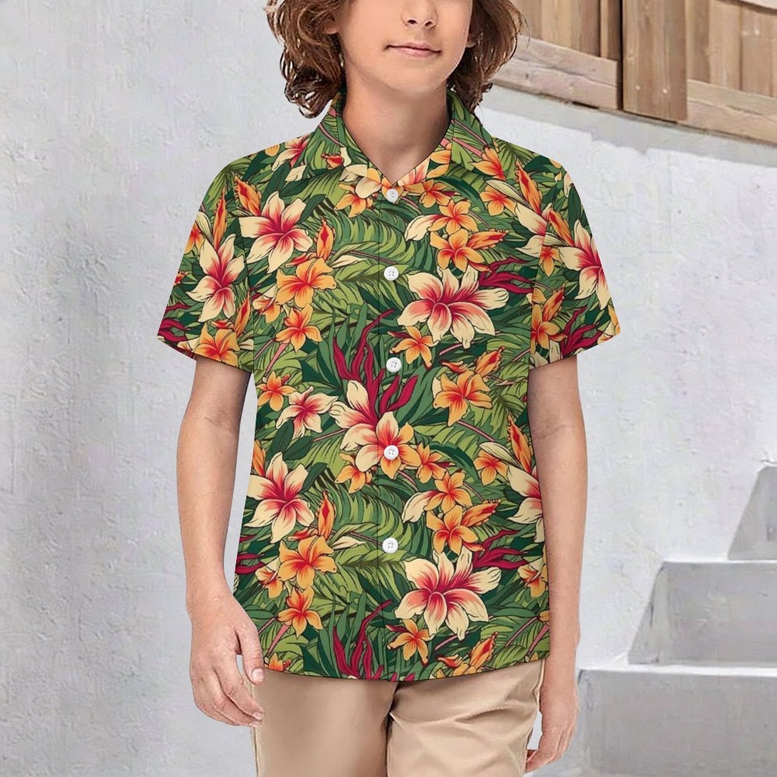 Vintage Hawaiian Floral Kids Youth Short Sleeve Button Up Shirt