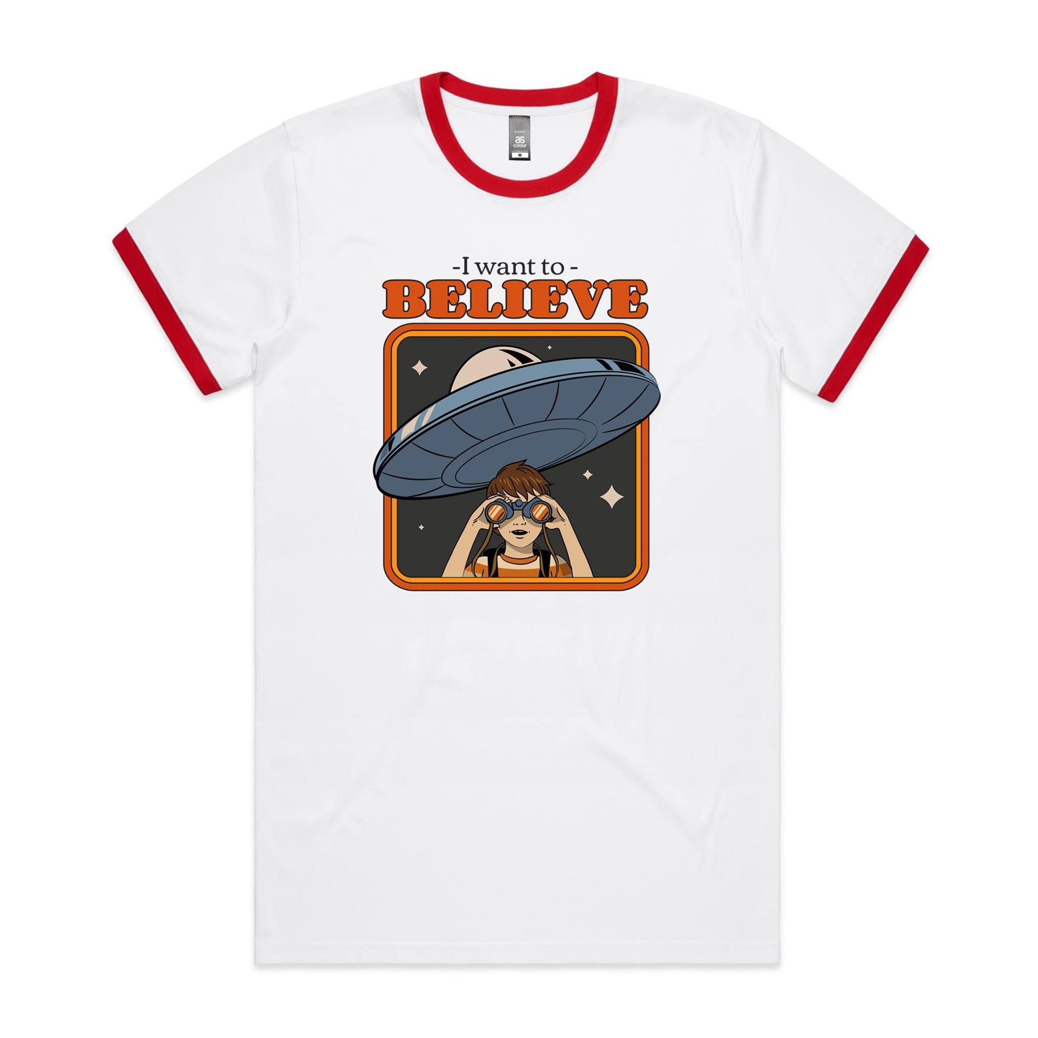 I Want To Believe, UFO - Staple Ringer Tee White Red Ringer T-Shirt Printed In Australia Sci Fi