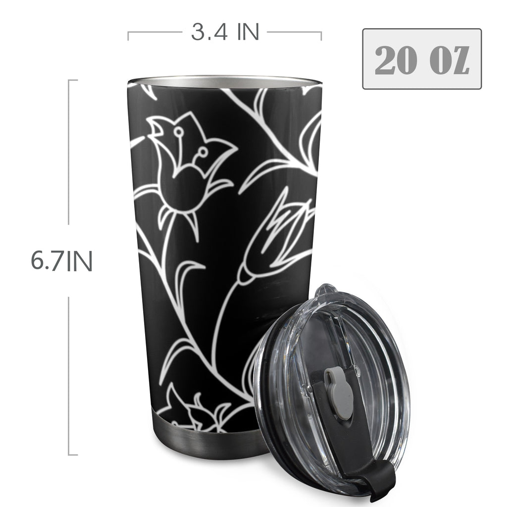 Black And White Floral - 20oz Mobile Tumbler with Lid (Black Lock) 20oz Travel Mug Plants Printed Offshore