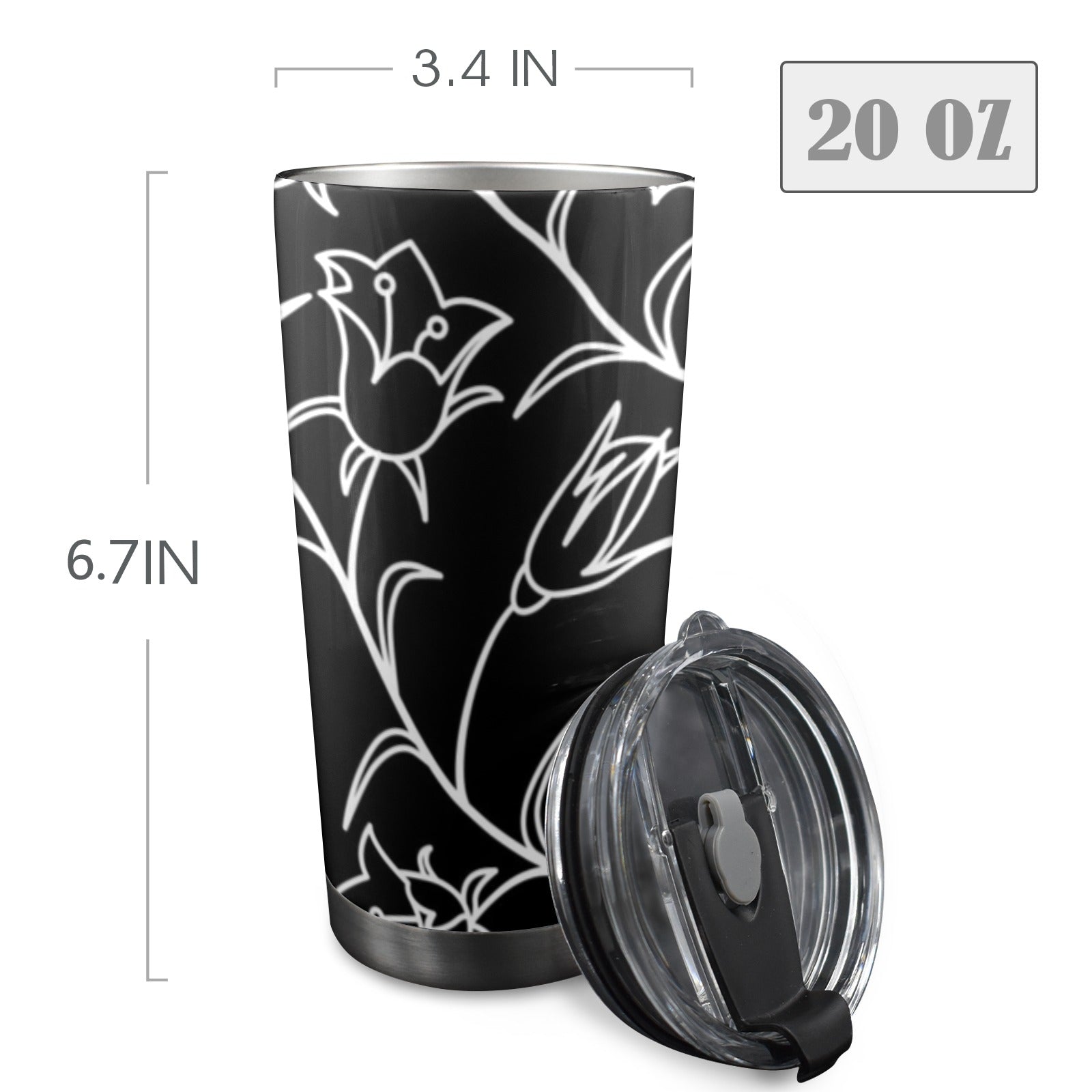 Black And White Floral - 20oz Mobile Tumbler with Lid (Black Lock) 20oz Travel Mug Plants Printed Offshore
