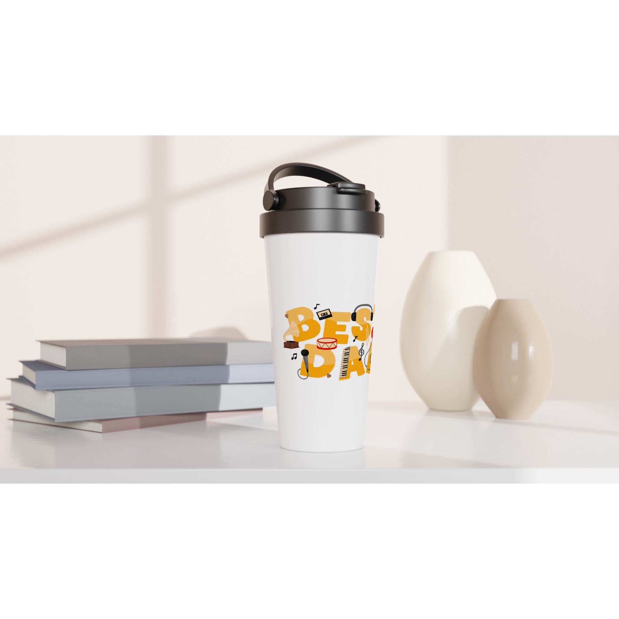 Best Dad, Music - White 15oz Stainless Steel Travel Mug Travel Mug Dad Globally Fulfilled Music