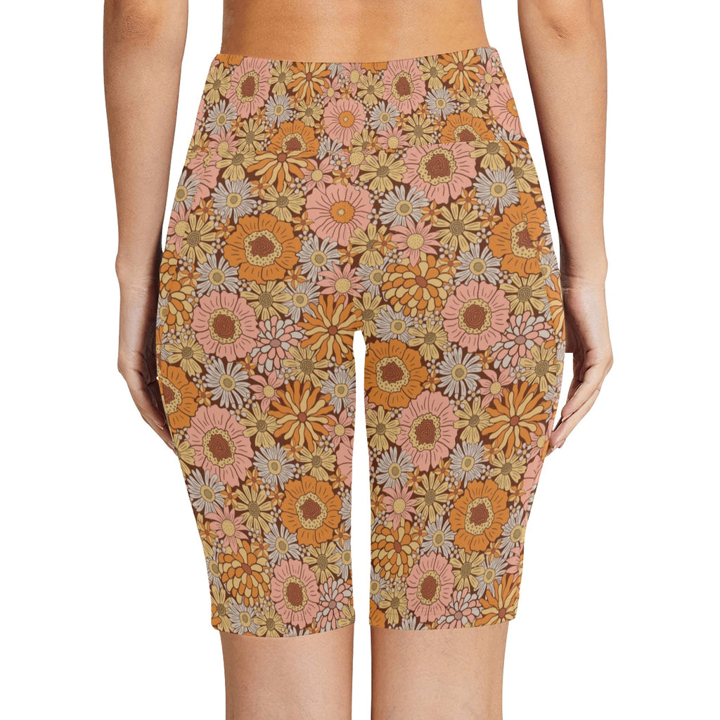 Orange Retro Floral Women's Bike Shorts With Side Pockets