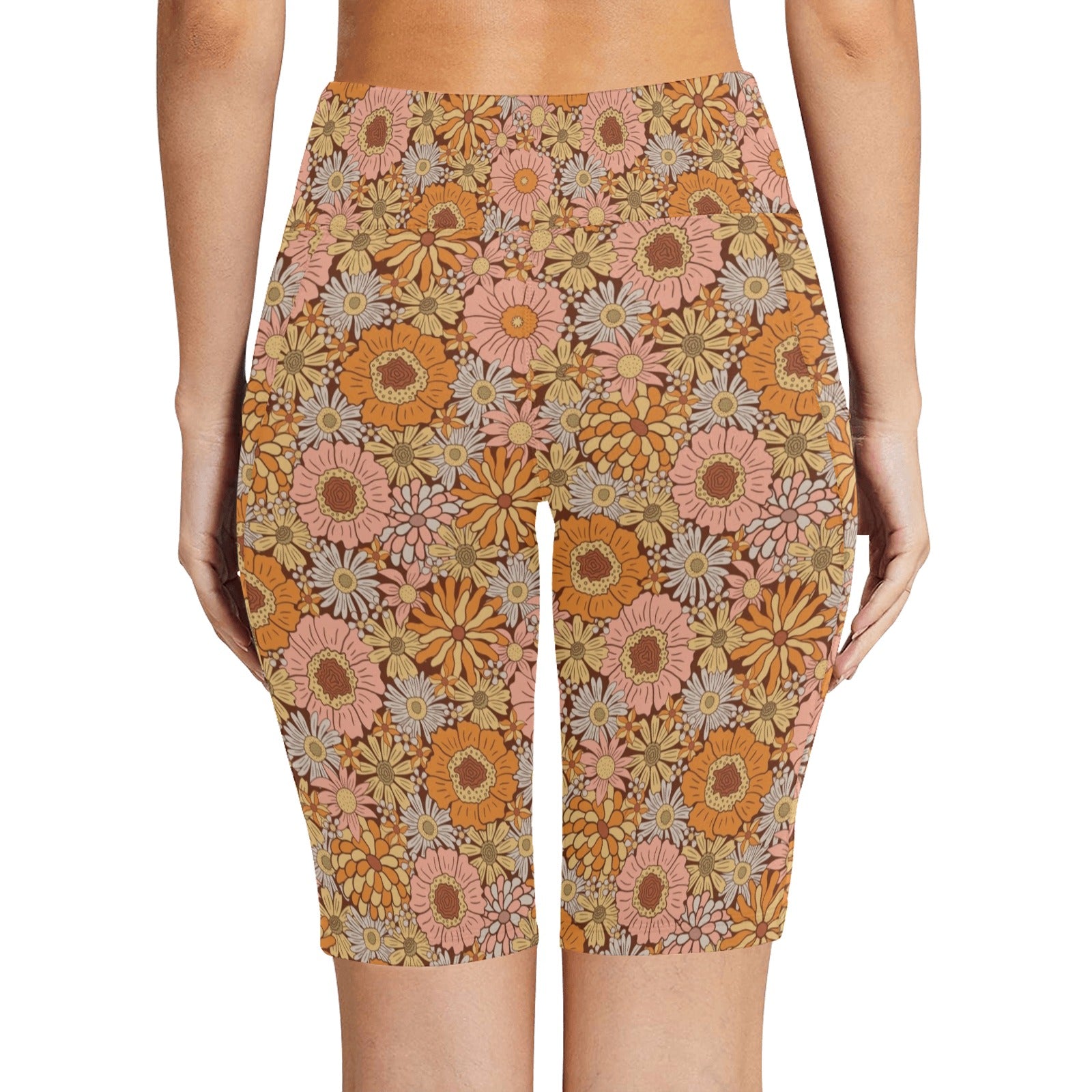 Orange Retro Floral Women's Bike Shorts With Side Pockets