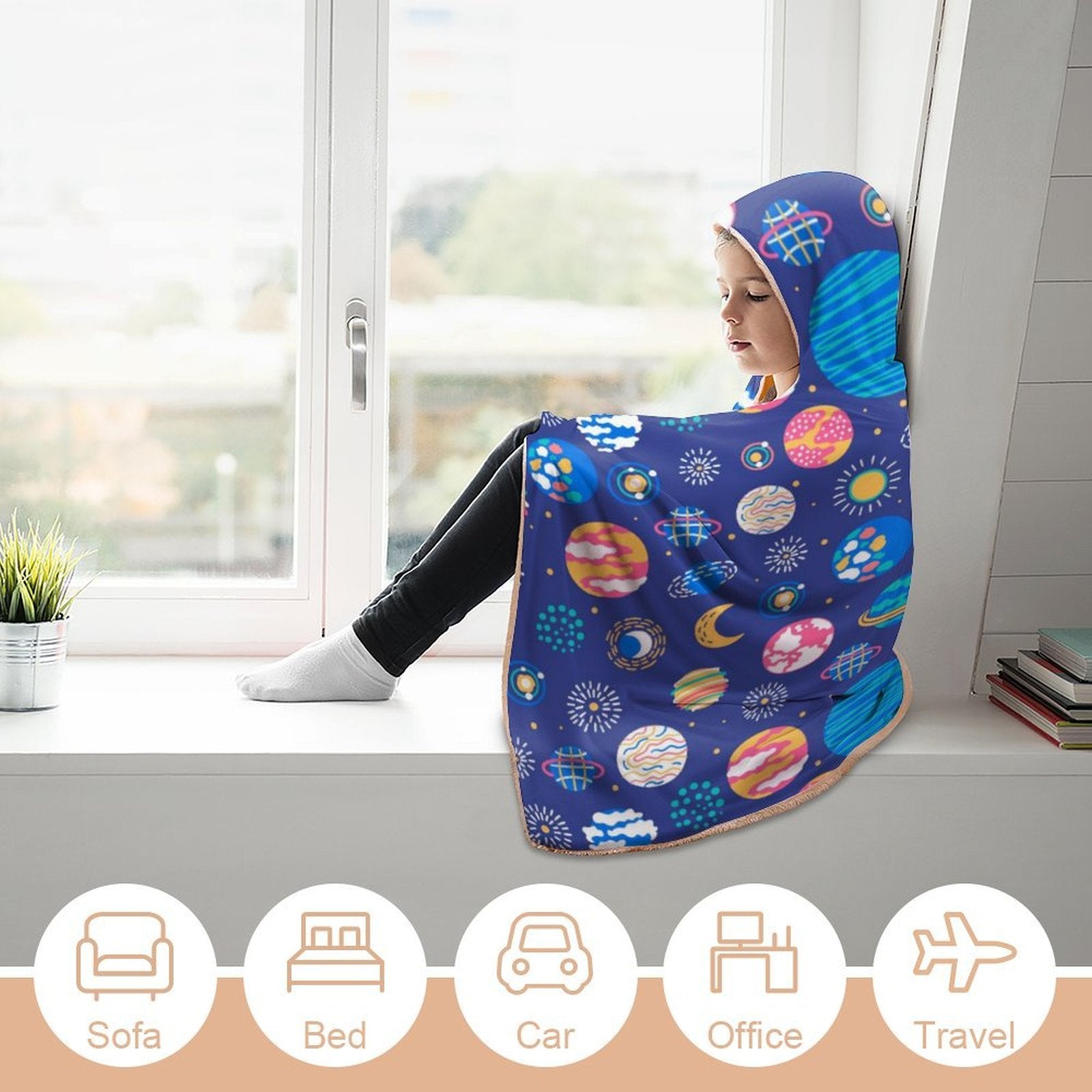 Planets On Blue Kids Hooded Blanket 100cm x 130cm