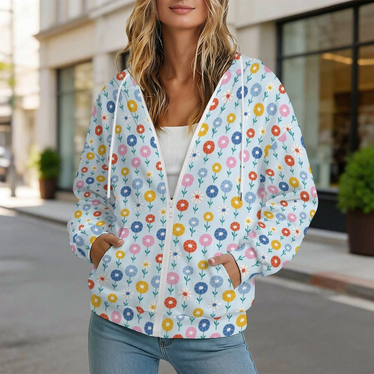 Abstract Cute Flowers Women's Full-Zip Hoodie