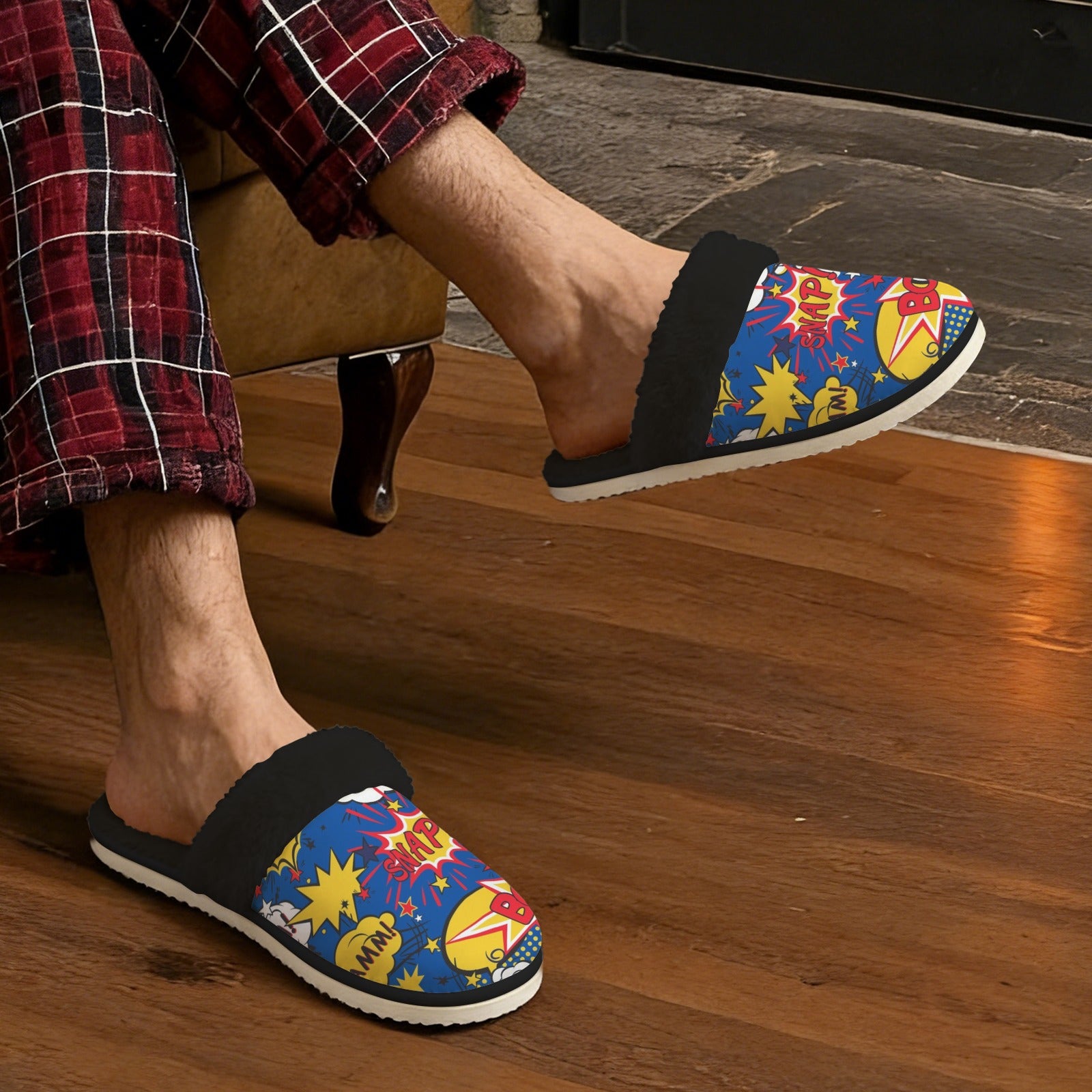 Blue Comic Book Men's Fur Trim Thick-Sole Indoor Slippers Men's Fur Trimmed Slippers comic Printed Offshore