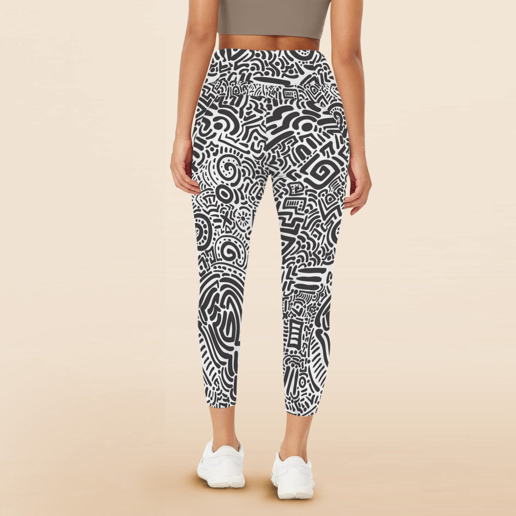 Black And White - Women's High Waist Pockets Yoga Leggings