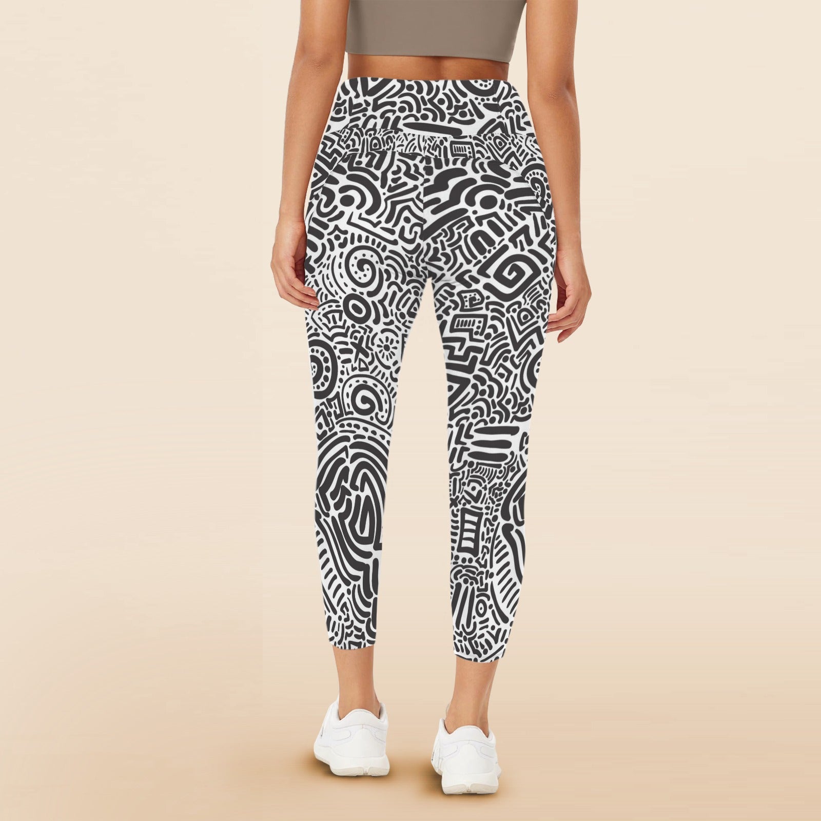 Black And White - Women's High Waist Pockets Yoga Leggings
