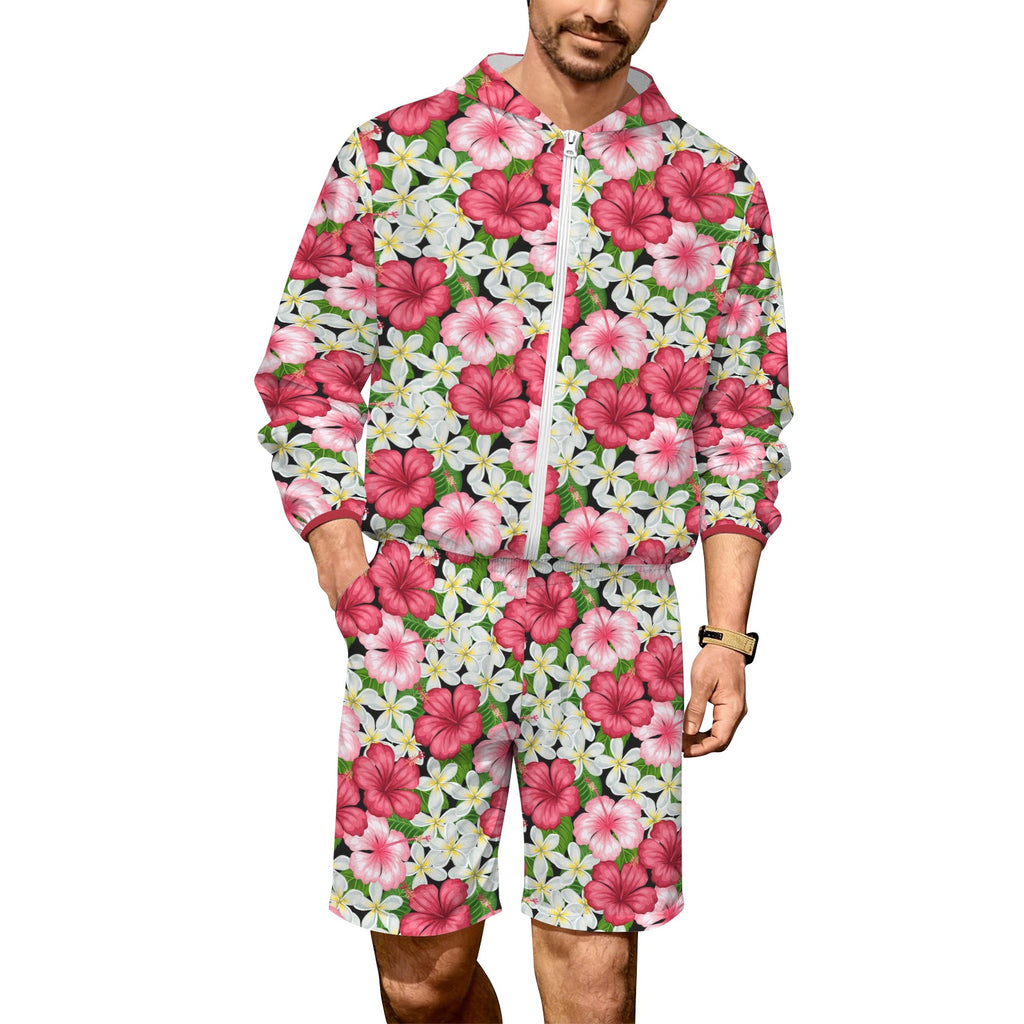 Hibiscus Men's Lightweight Sun Hoodie & Shorts Set 4XL Men's Lightweight Sun Hoodie & Shorts Plants Printed Offshore