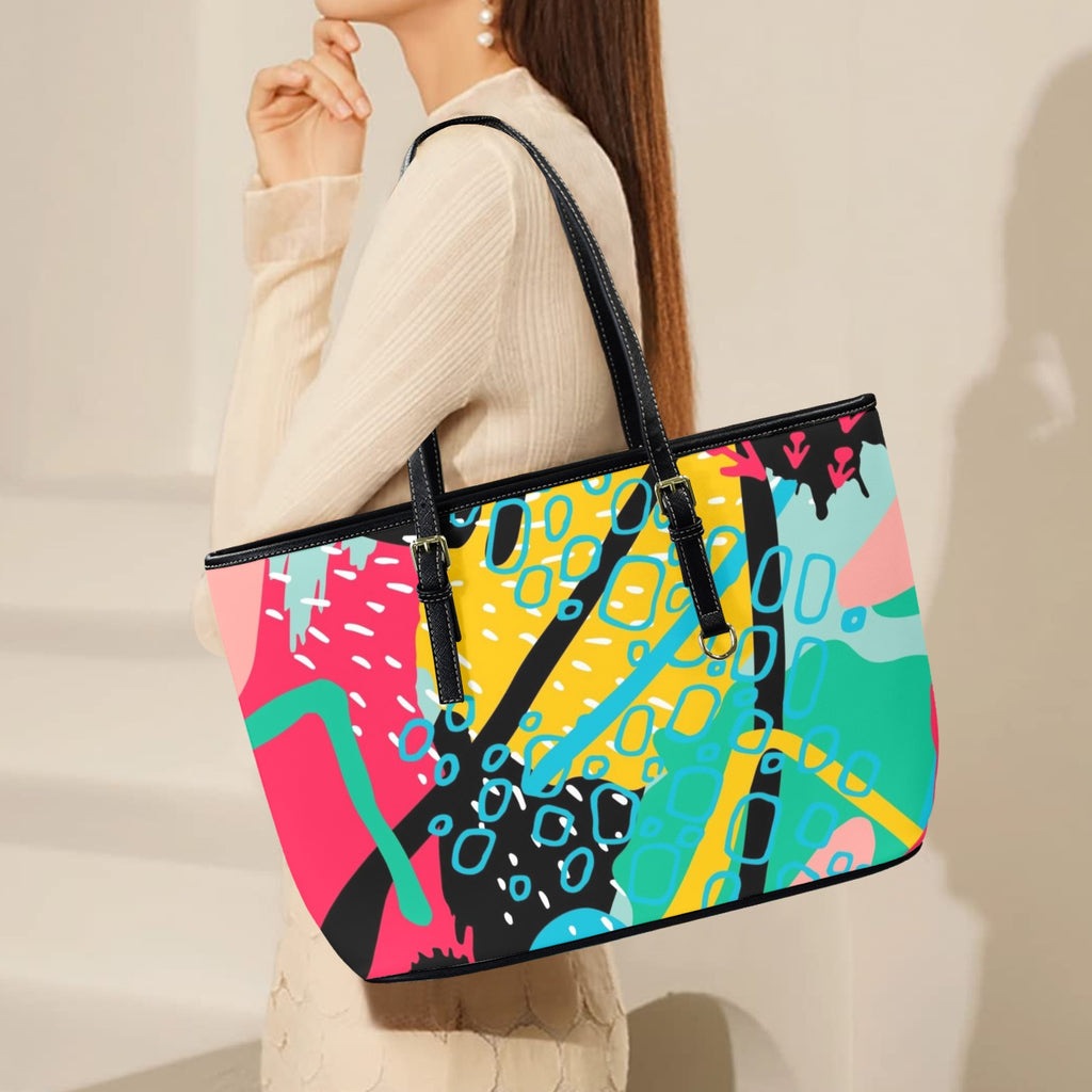 Bright Abstract - Leather Tote Bag-Large