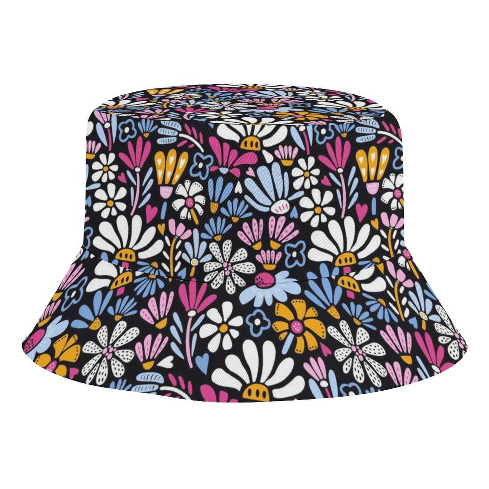 Graphic Flowers On Black - Kids Bucket Hat white Kids Bucket Hat Plants Printed Offshore