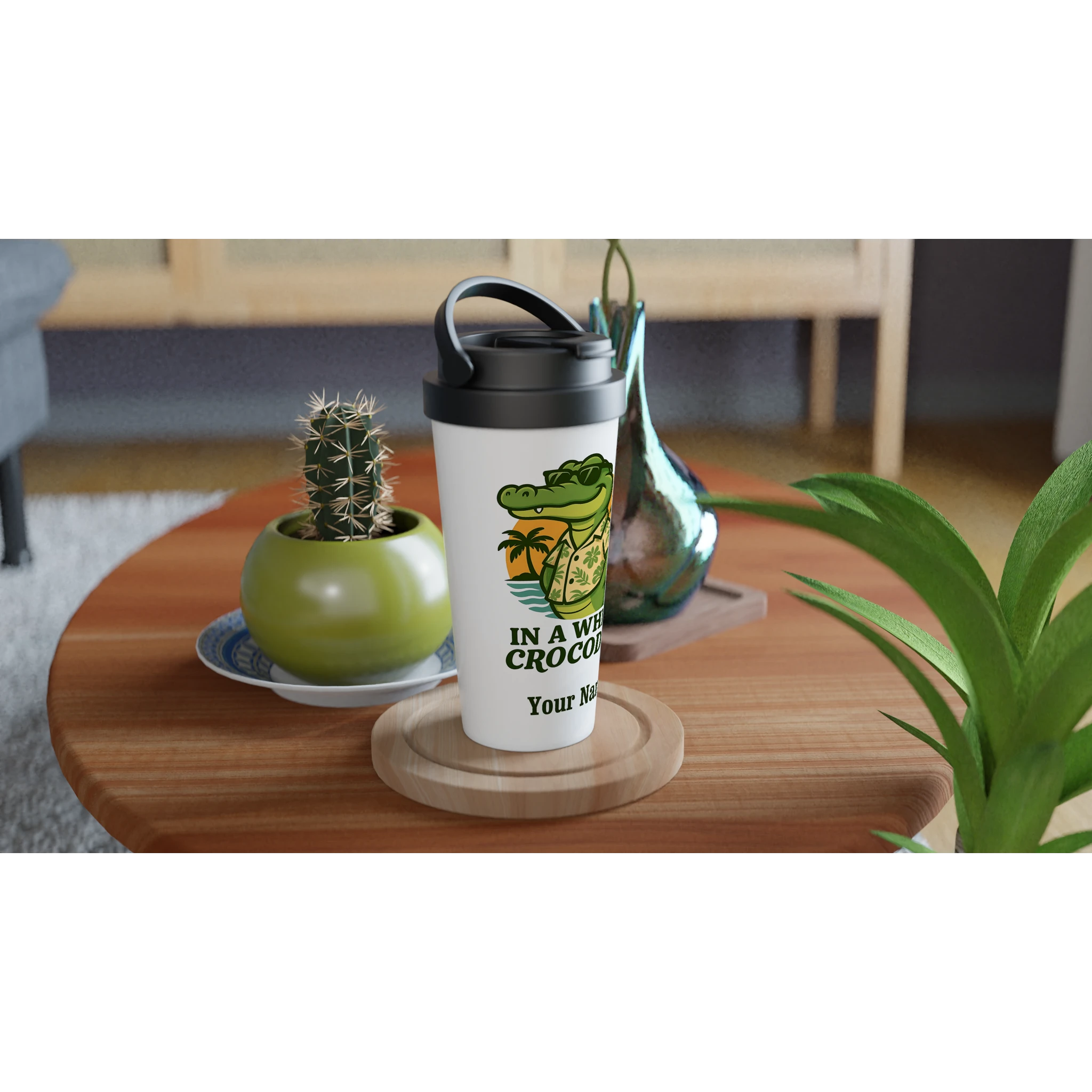 Personalised In A While, Crocodile White 15oz Stainless Steel Travel Mug Personalised Travel Mug animal Globally Fulfilled