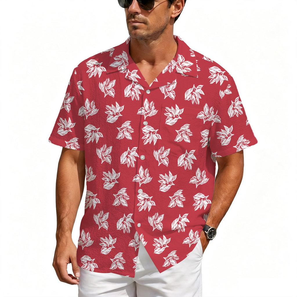 Red Retro Foliage Men's Crinkle Hawaiian Shirt