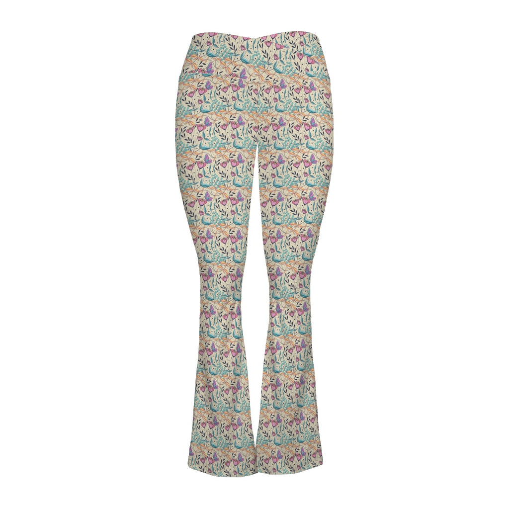 Butterfly Floral High Waist Crossover Tummy Control Flare Leggings High Waist Flare Leggings Plants Printed Offshore