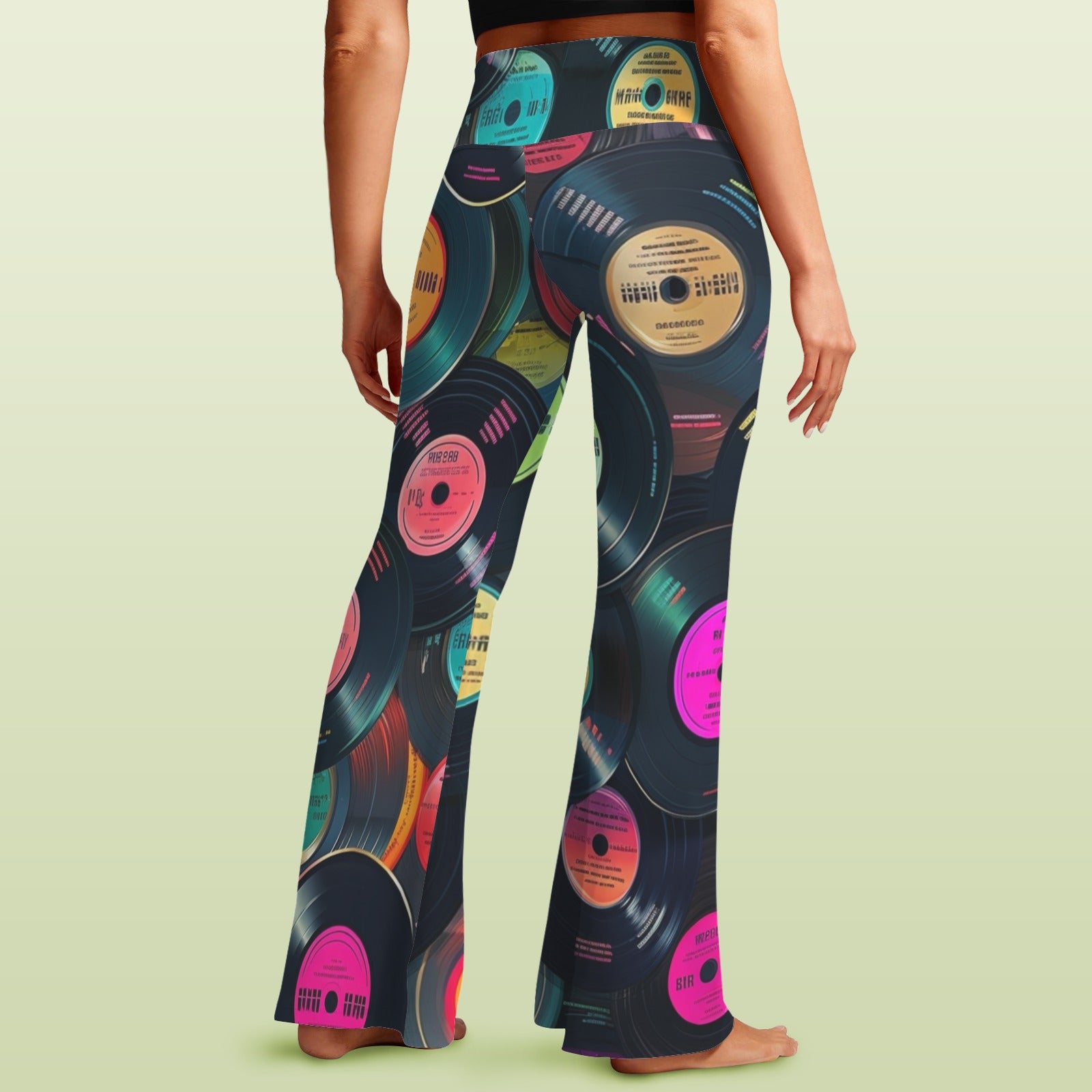 Retro Vinyl Records High Waist Crossover Tummy Control Flare Leggings High Waist Flare Leggings Music Printed Offshore