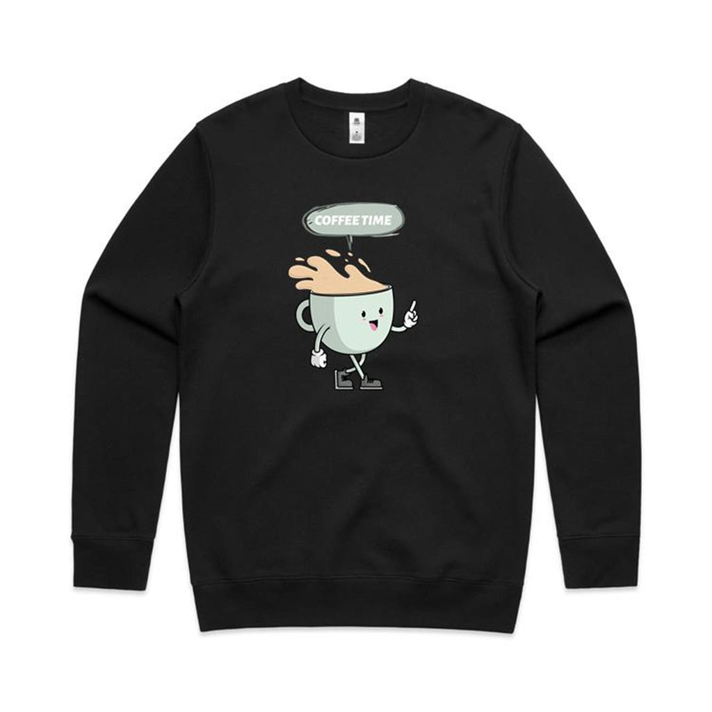 Coffee Time - AS Colour Stencil Crew Black Sweatshirt Coffee Printed In Australia