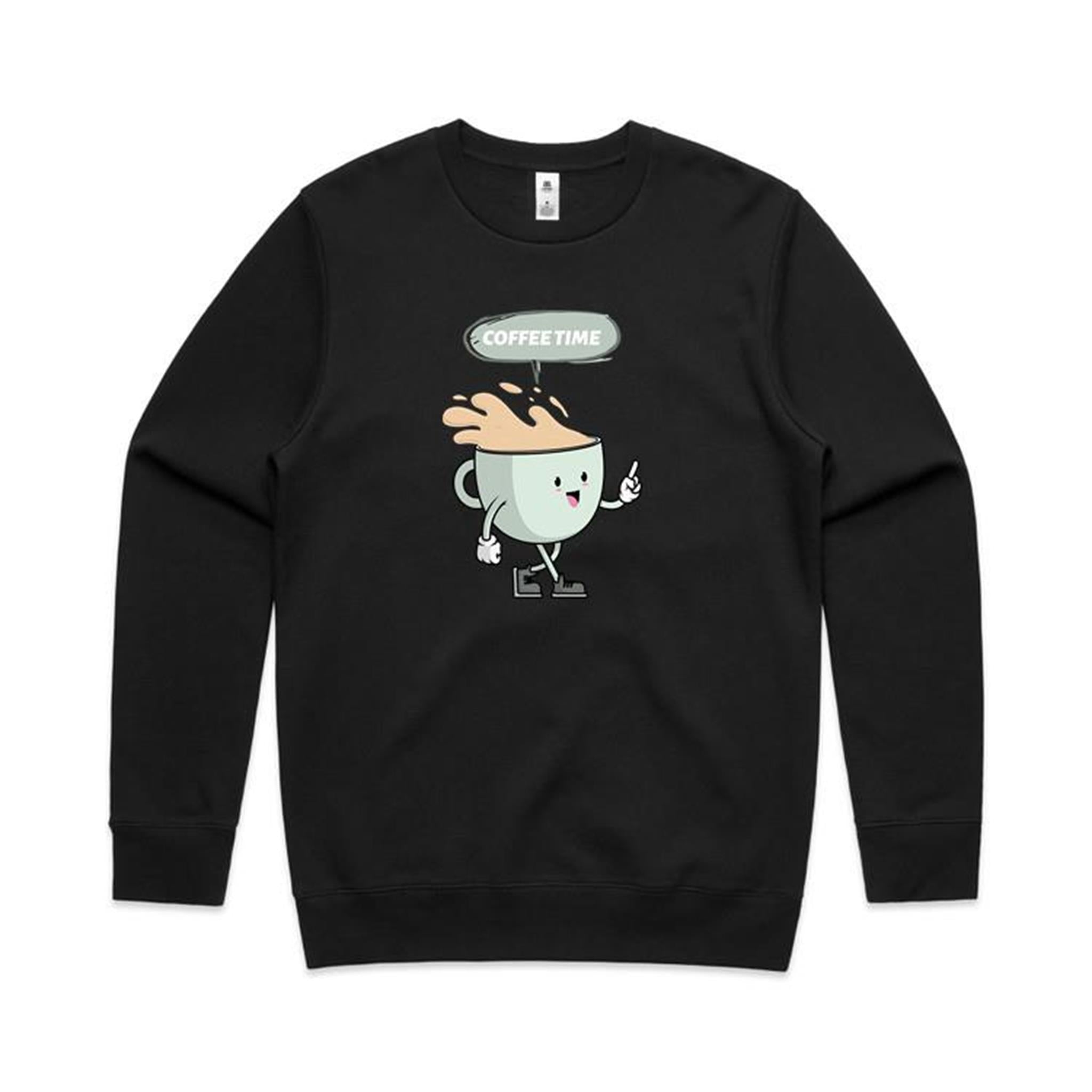 Coffee Time - AS Colour Stencil Crew Black Sweatshirt Coffee Printed In Australia