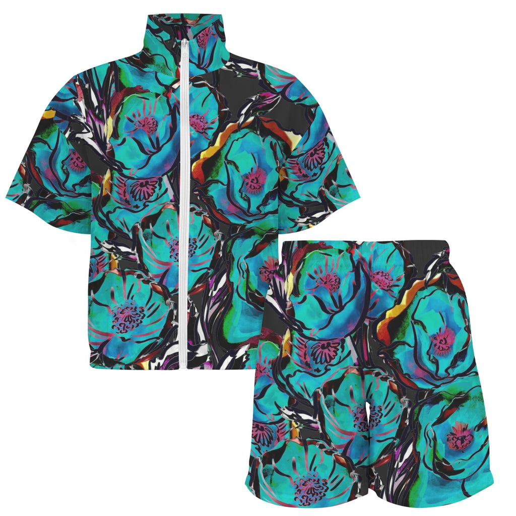 Flower It Blue Women's Windbreaker Short Set Women's Windbreaker Short Set Plants Printed Offshore