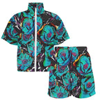 Flower It Blue Women's Windbreaker Short Set Women's Windbreaker Short Set Plants Printed Offshore
