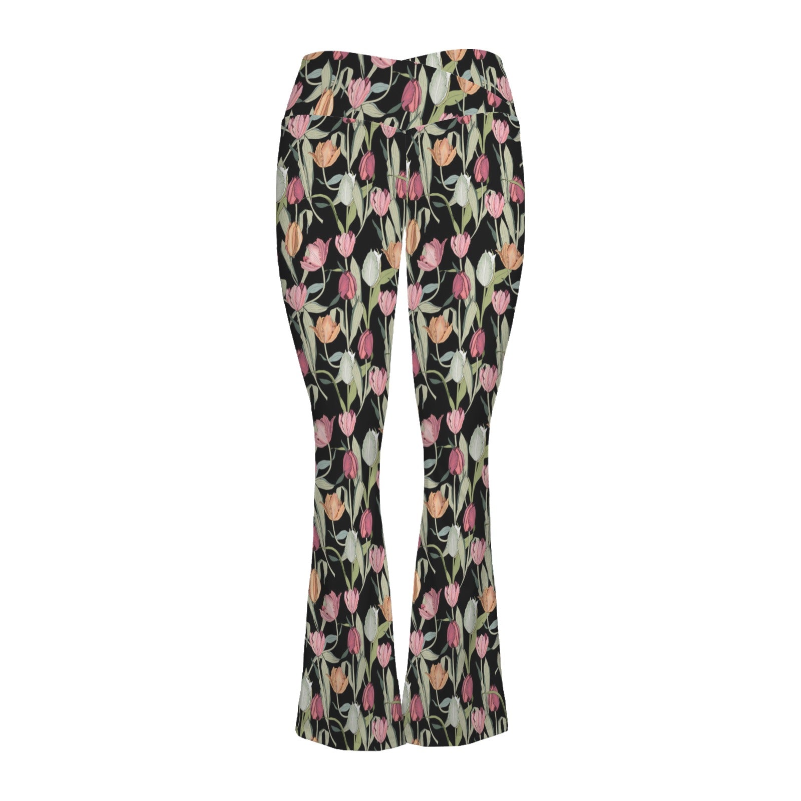 Tulips High Waist Crossover Tummy Control Flare Leggings High Waist Flare Leggings Plants Printed Offshore