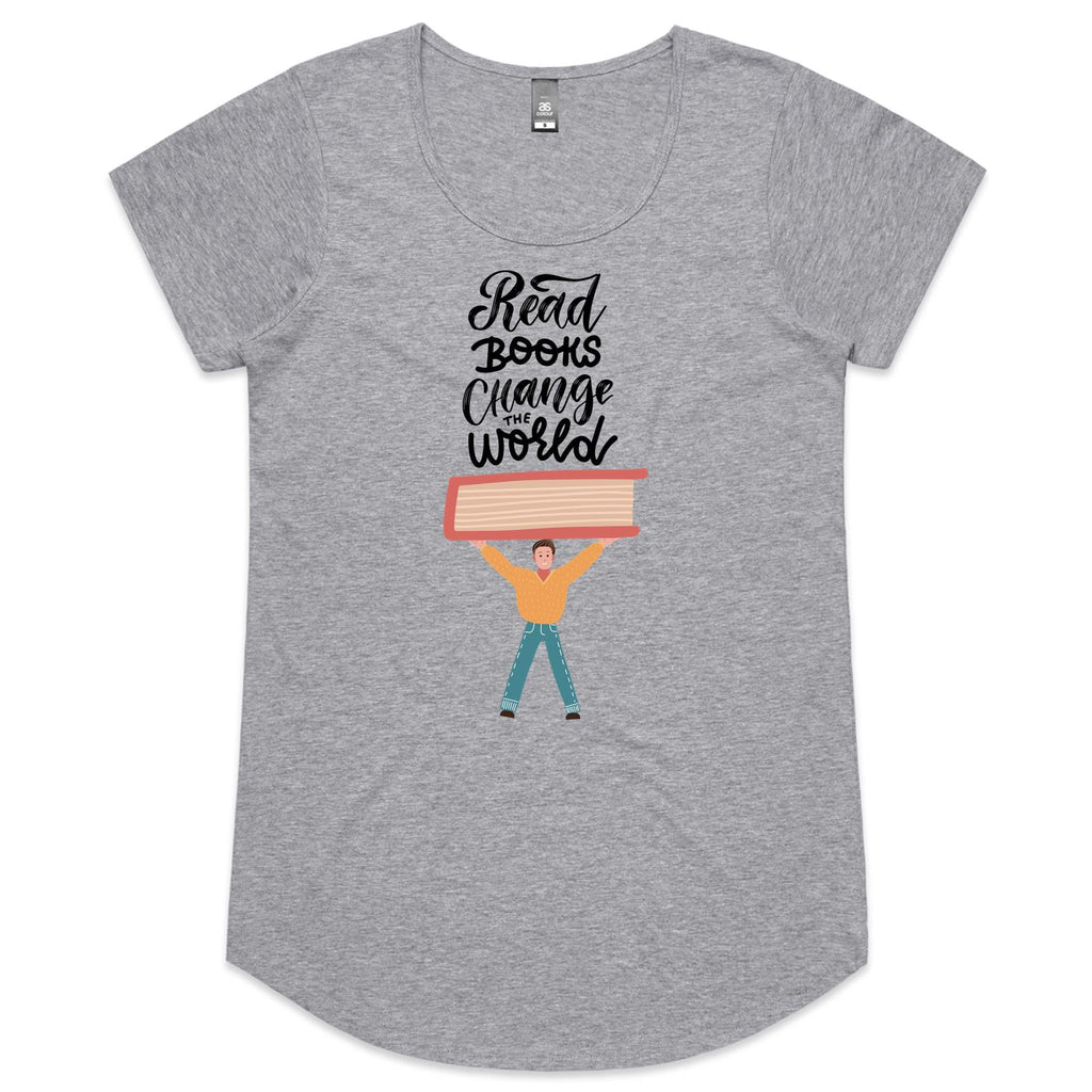 Read Books, Change The World - Womens Scoop Neck T-Shirt Grey Marle Womens Scoop Neck T-shirt Printed In Australia Reading
