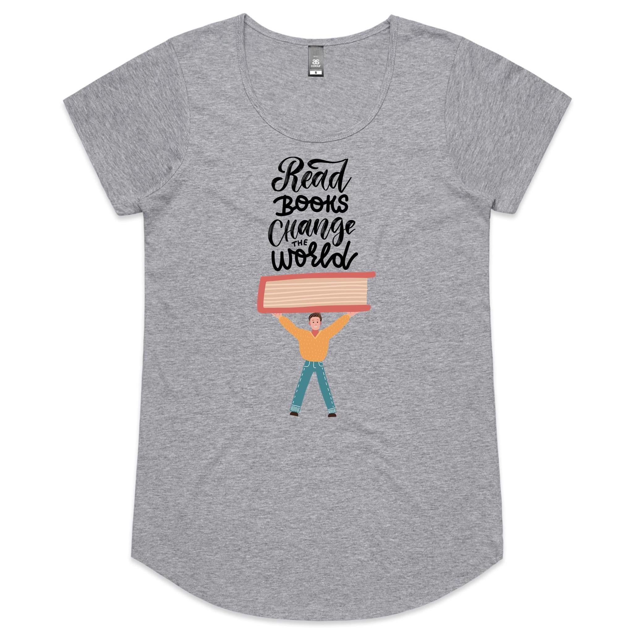 Read Books, Change The World - Womens Scoop Neck T-Shirt Grey Marle Womens Scoop Neck T-shirt Printed In Australia Reading